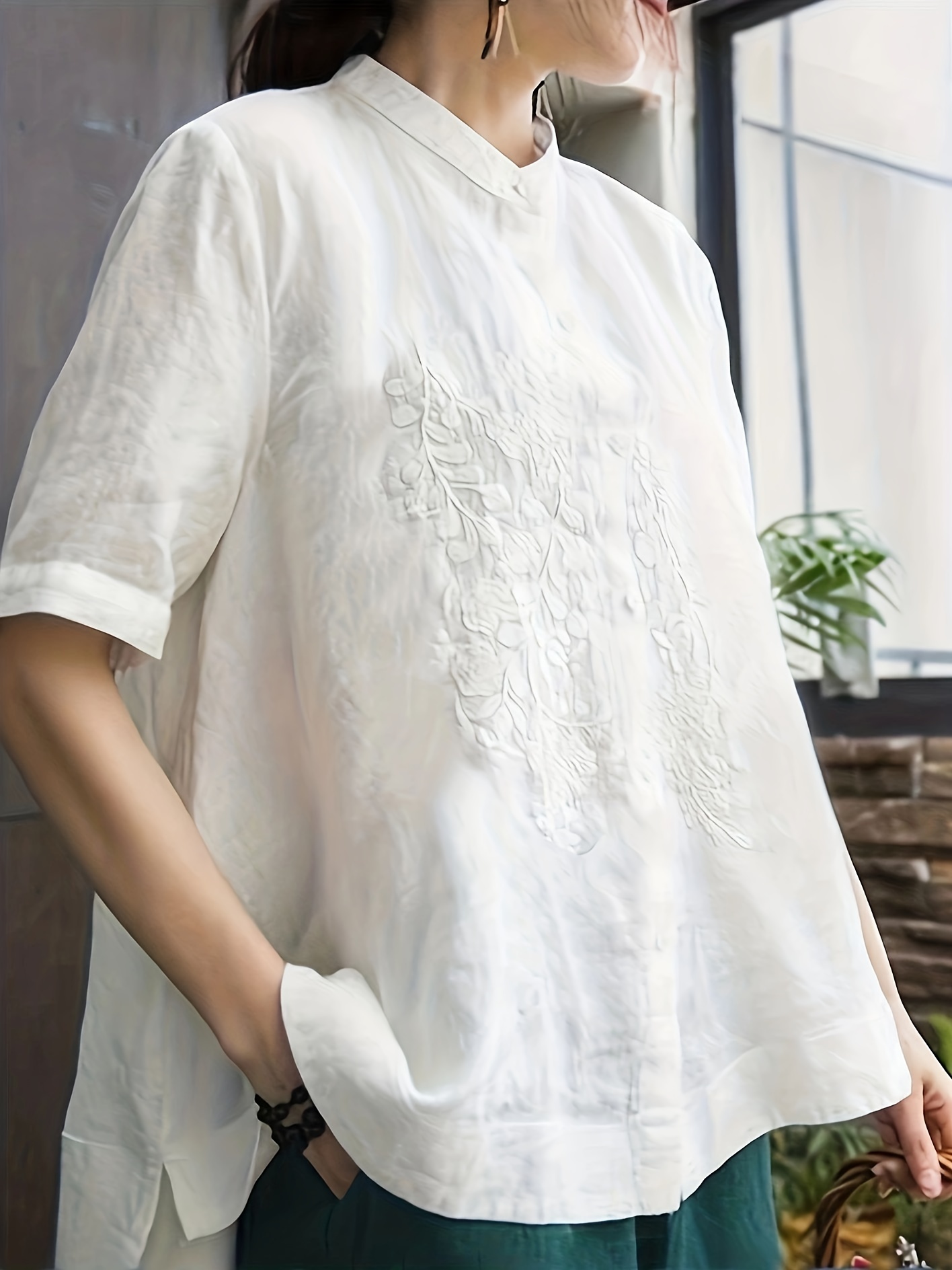 embroidered solid blouse elegant button front half sleeve blouse womens clothing details 27