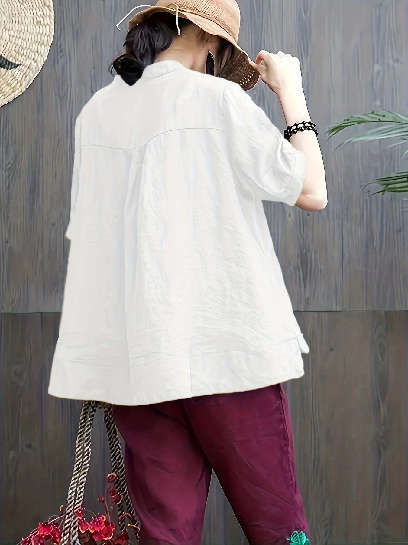 embroidered solid blouse elegant button front half sleeve blouse womens clothing details 28