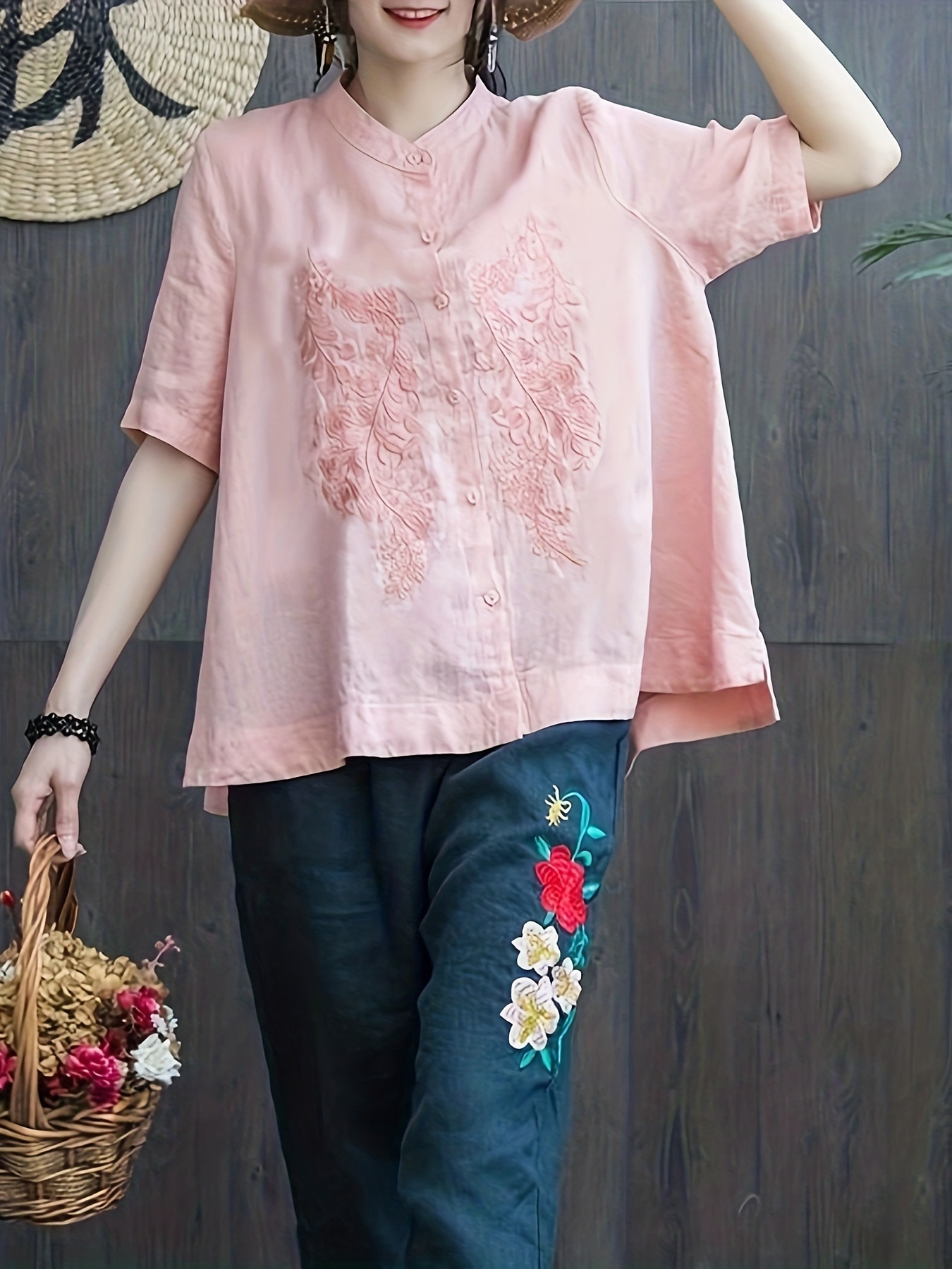 embroidered solid blouse elegant button front half sleeve blouse womens clothing details 33