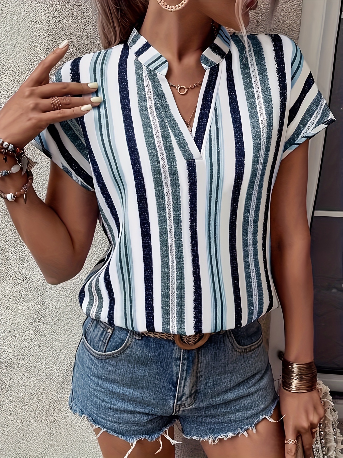 striped v neck blouse casual short sleeve top for spring summer womens clothing details 1