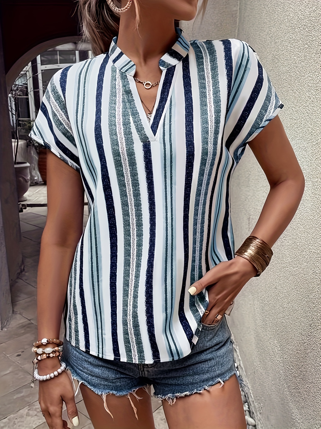 striped v neck blouse casual short sleeve top for spring summer womens clothing details 2