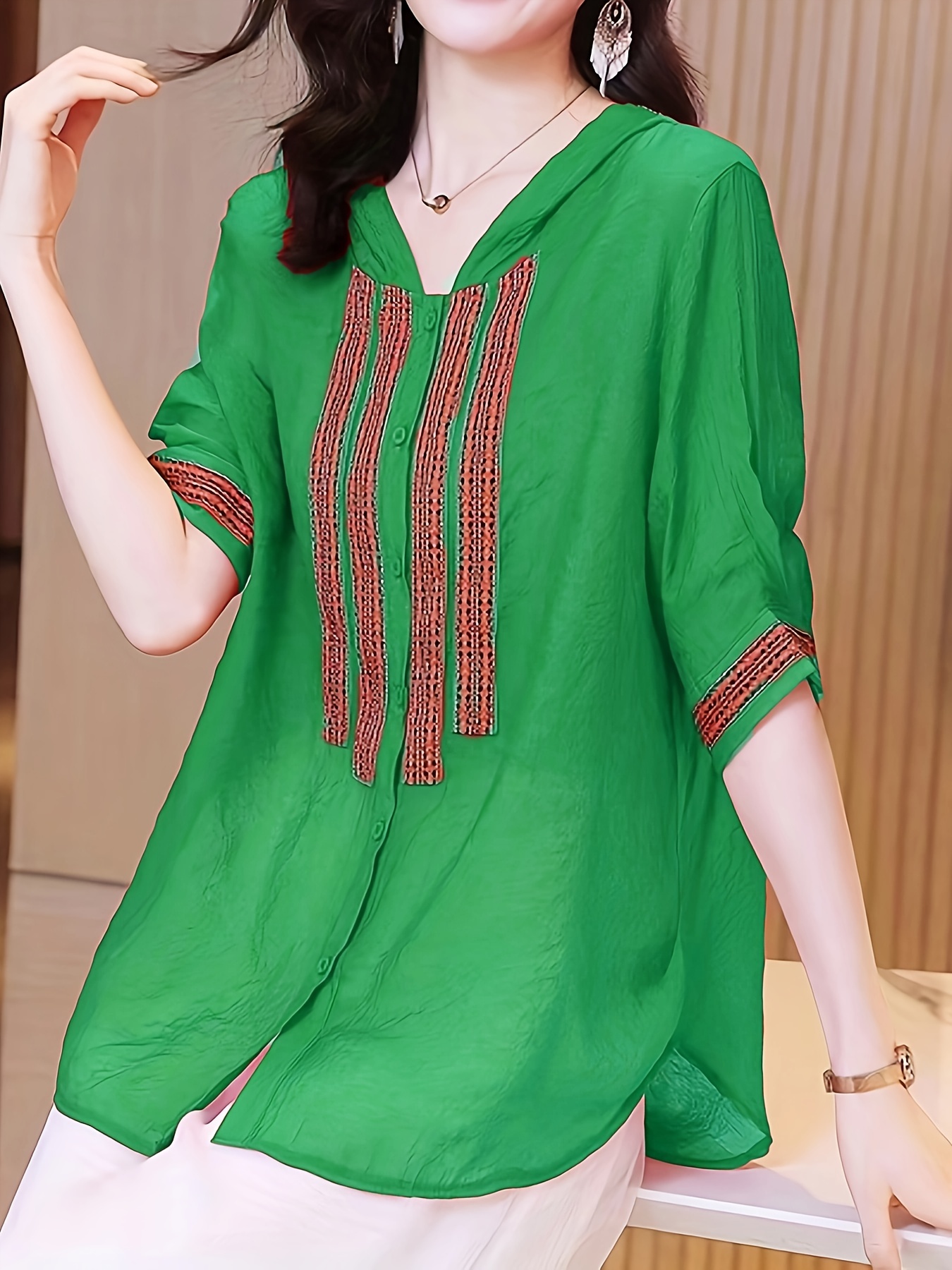 hooded button front blouse ethnic half sleeve summer blouse womens clothing details 0