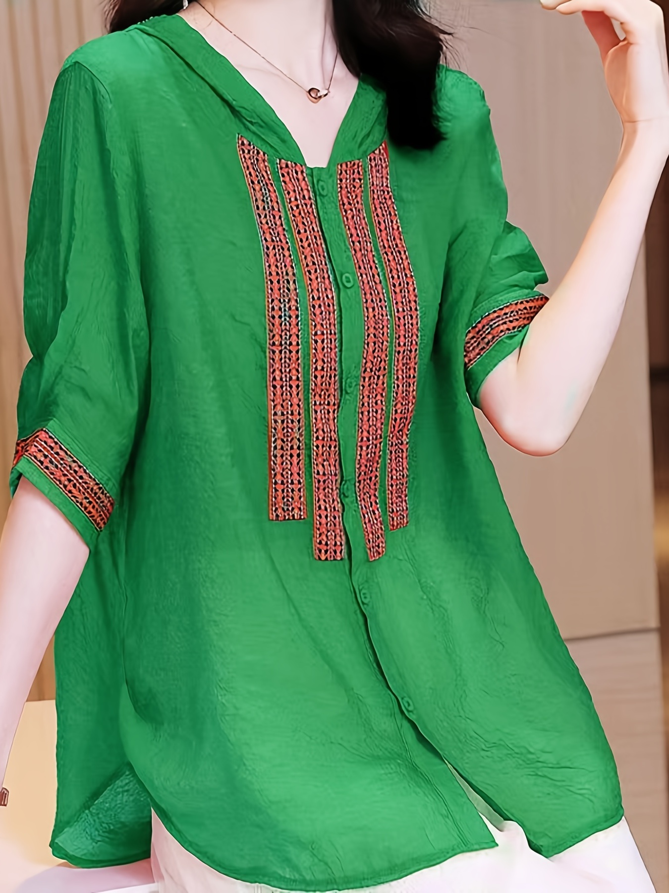 hooded button front blouse ethnic half sleeve summer blouse womens clothing details 2