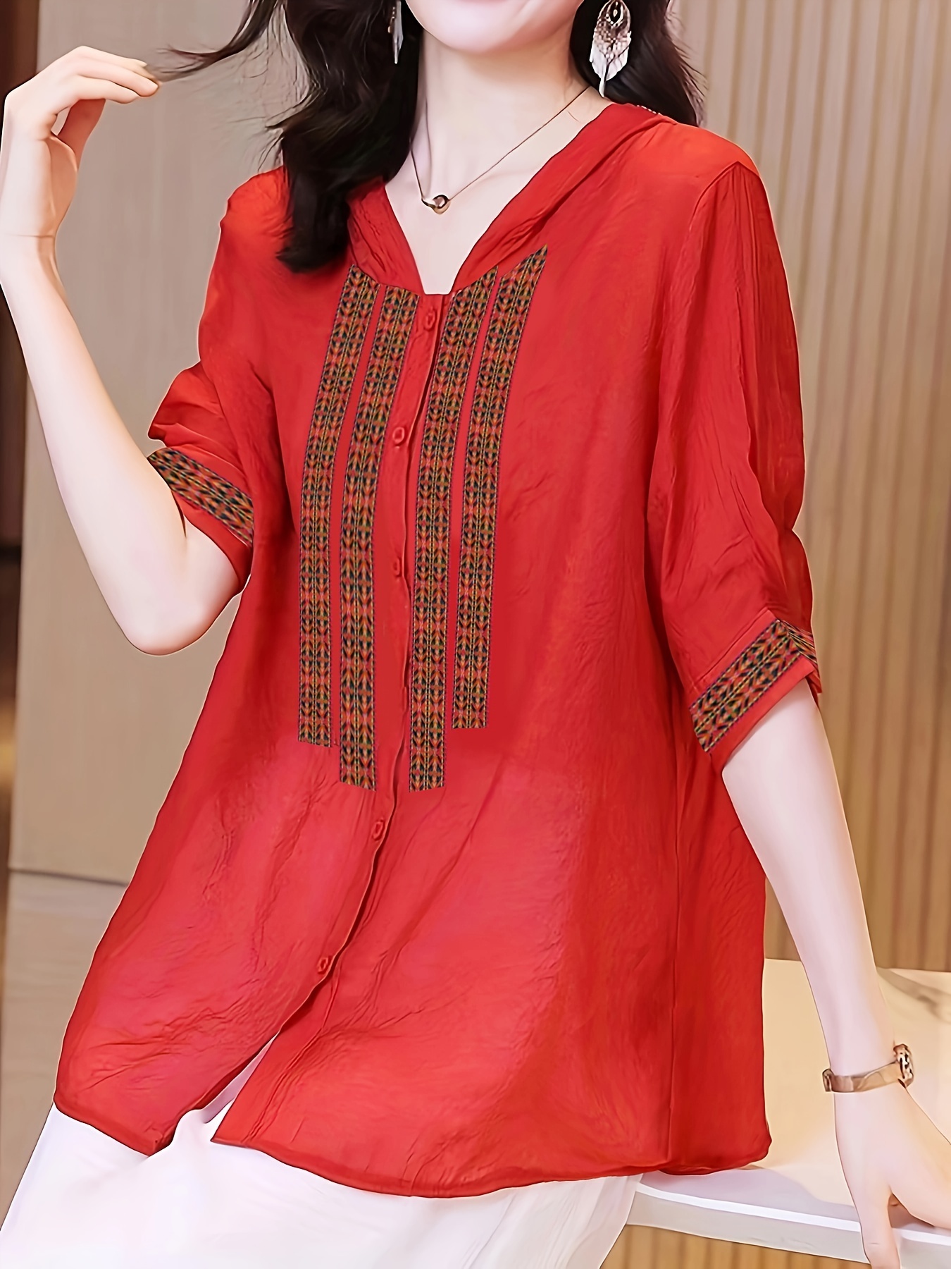 hooded button front blouse ethnic half sleeve summer blouse womens clothing details 7