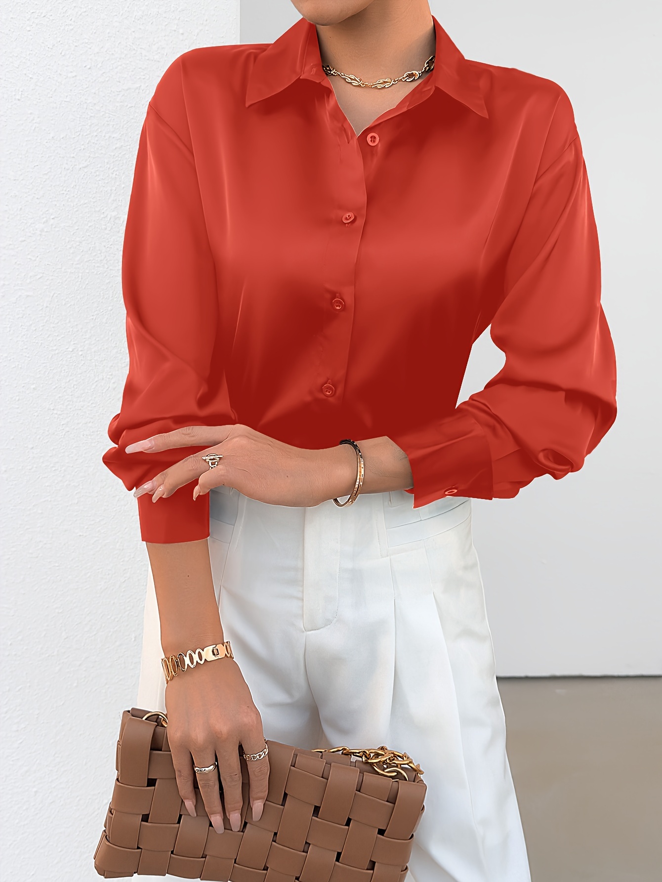 solid button front simple shirt elegant long sleeve shirt for spring fall womens clothing details 0