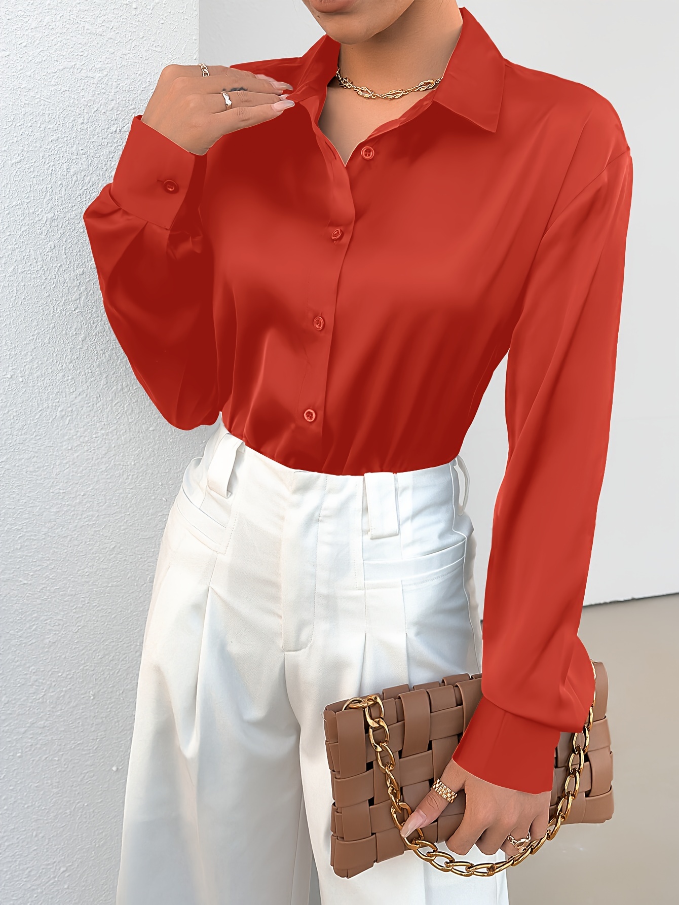 solid button front simple shirt elegant long sleeve shirt for spring fall womens clothing details 1