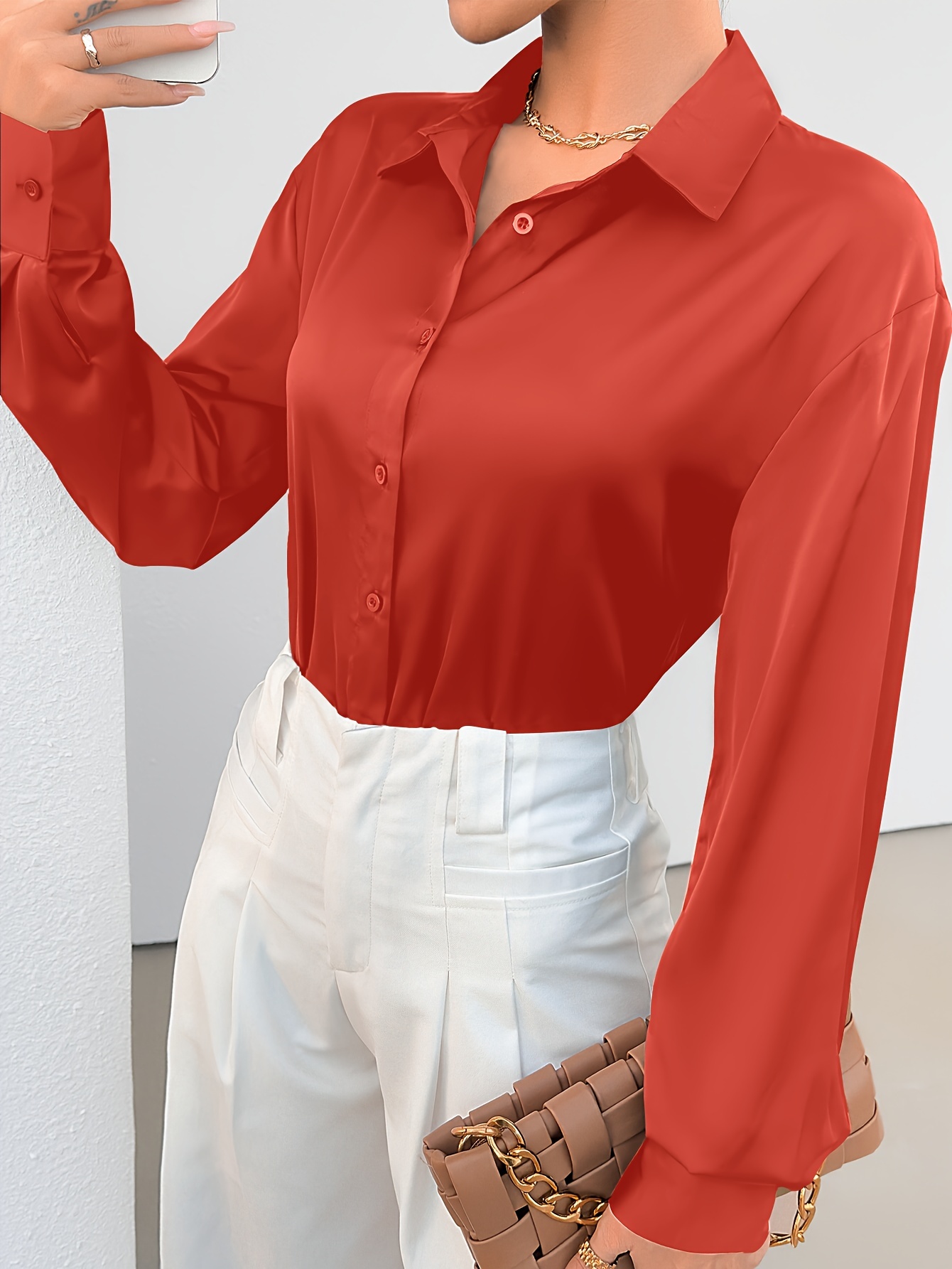 solid button front simple shirt elegant long sleeve shirt for spring fall womens clothing details 2