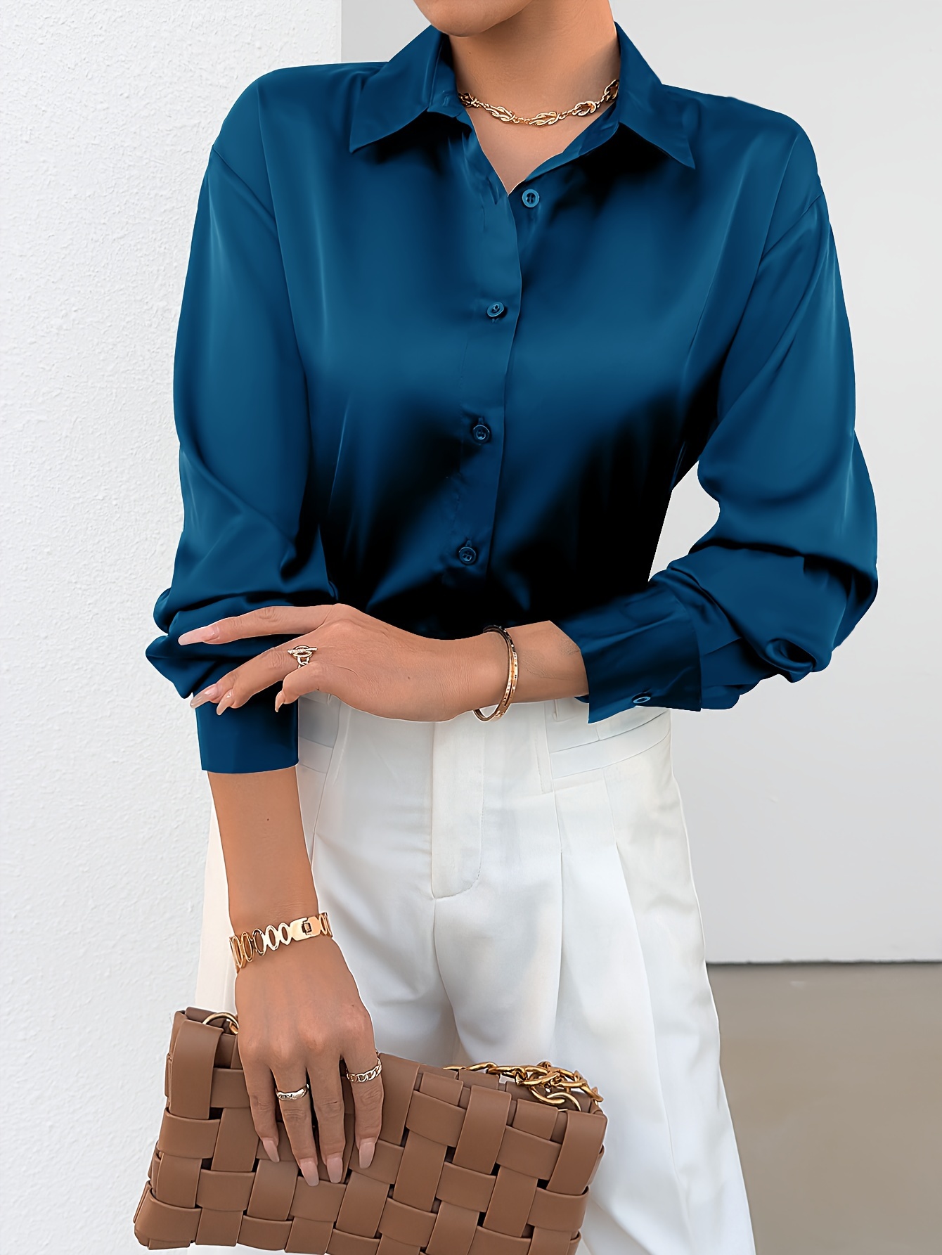 solid button front simple shirt elegant long sleeve shirt for spring fall womens clothing details 6