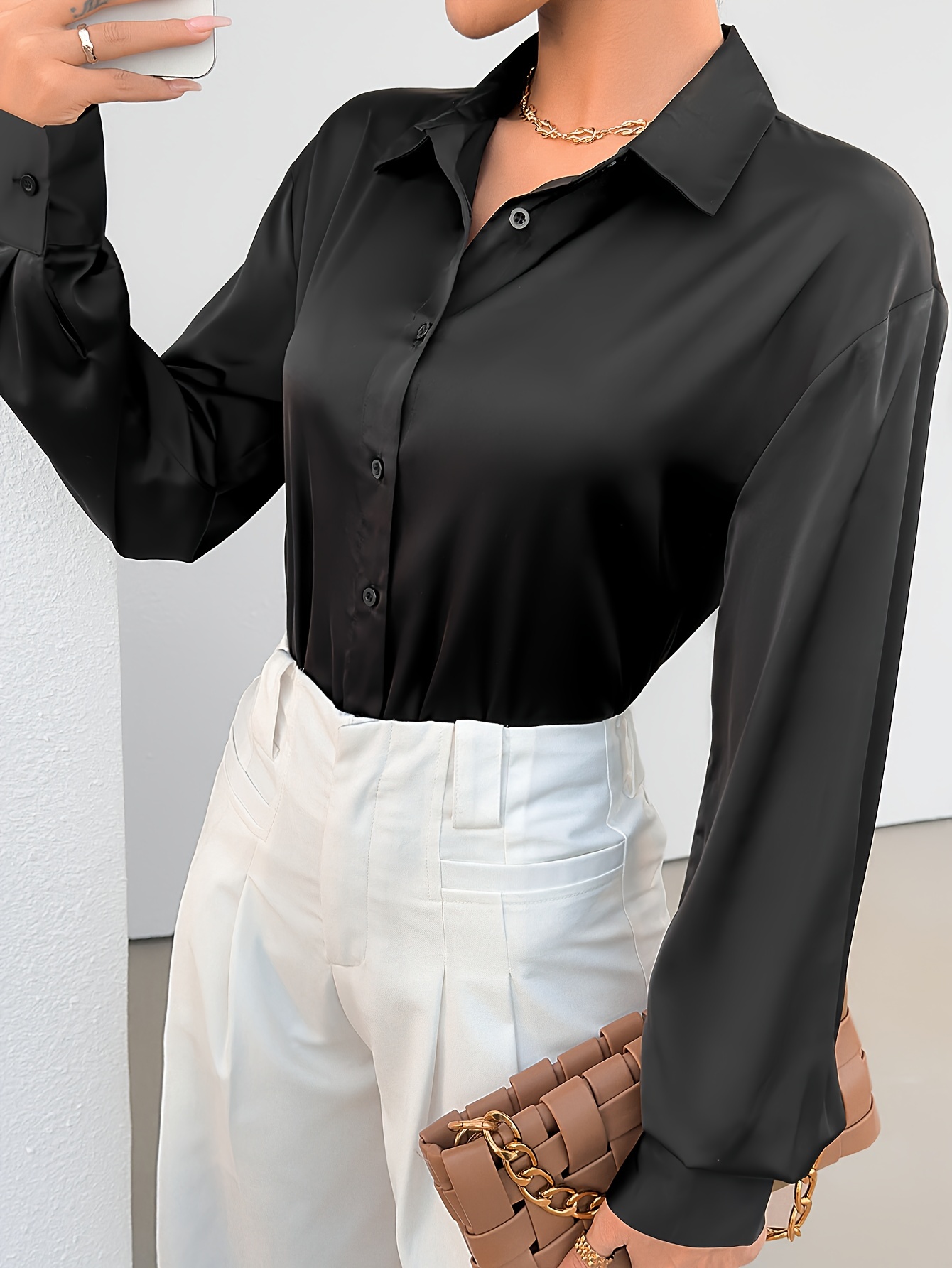 solid button front simple shirt elegant long sleeve shirt for spring fall womens clothing details 24