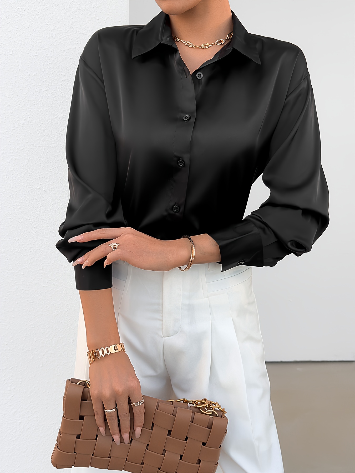 solid button front simple shirt elegant long sleeve shirt for spring fall womens clothing details 25