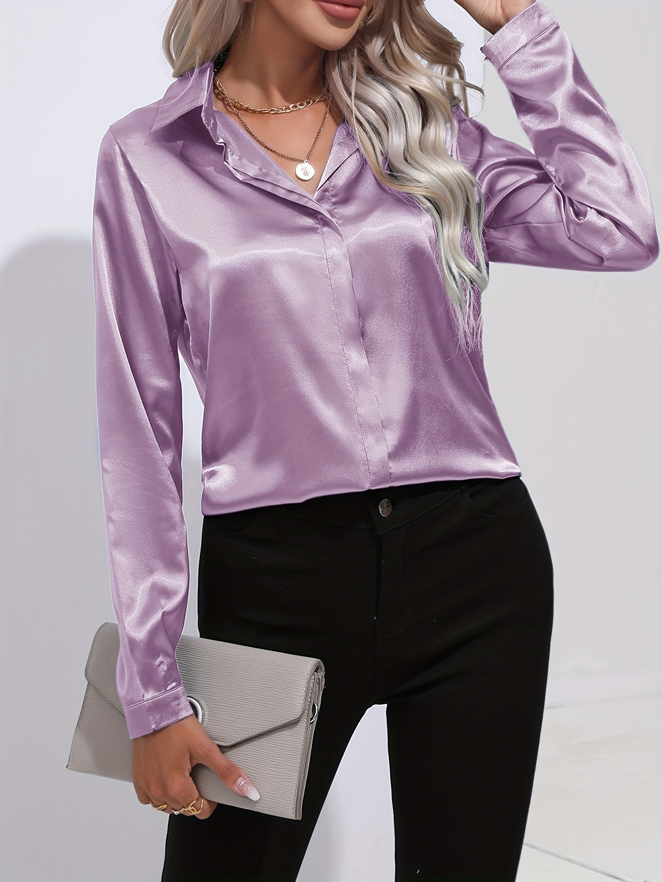 elegant satin blouse, elegant satin blouse collar long sleeve work blouse womens clothing details 0