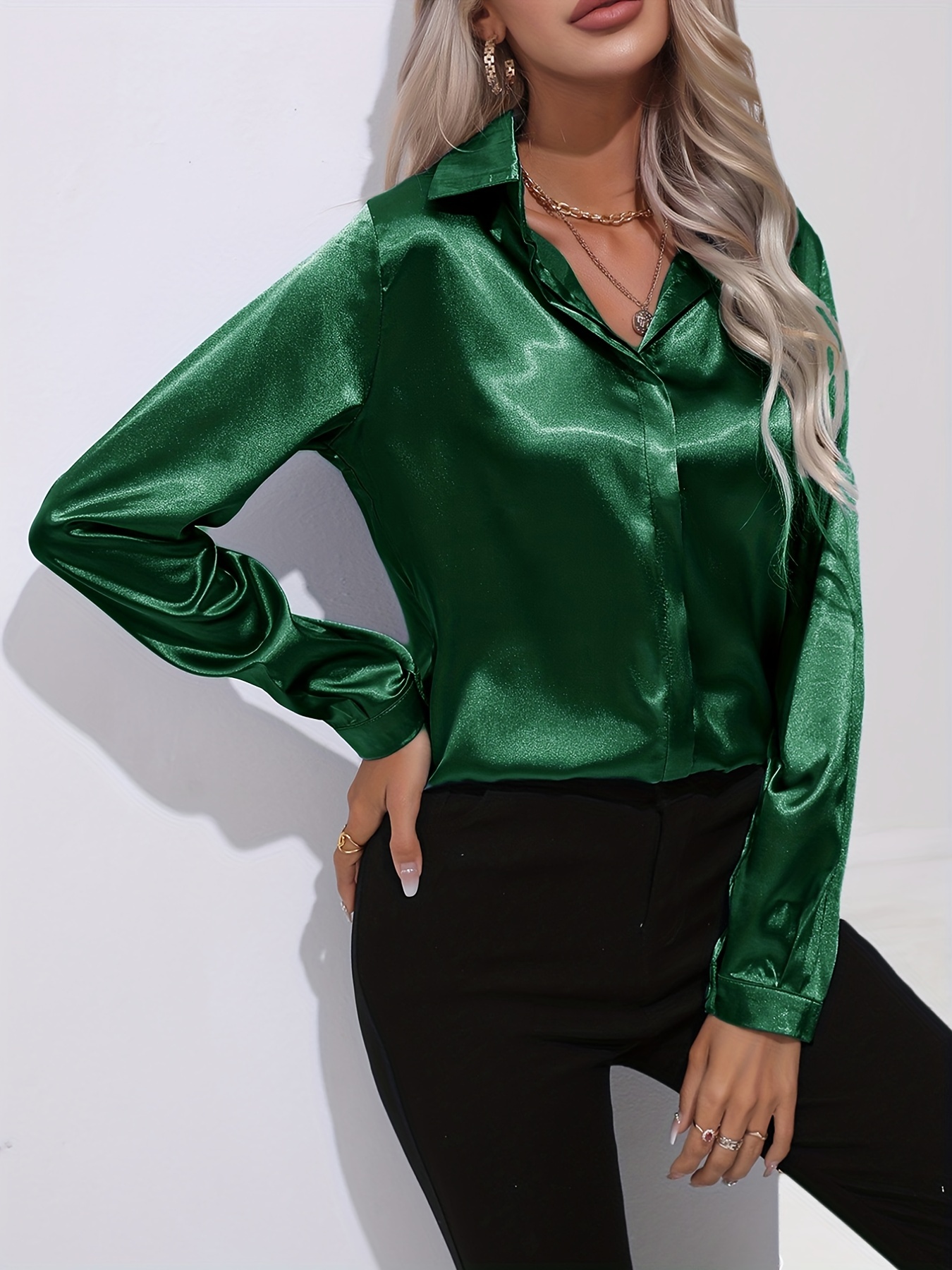 elegant satin blouse, elegant satin blouse collar long sleeve work blouse womens clothing details 9