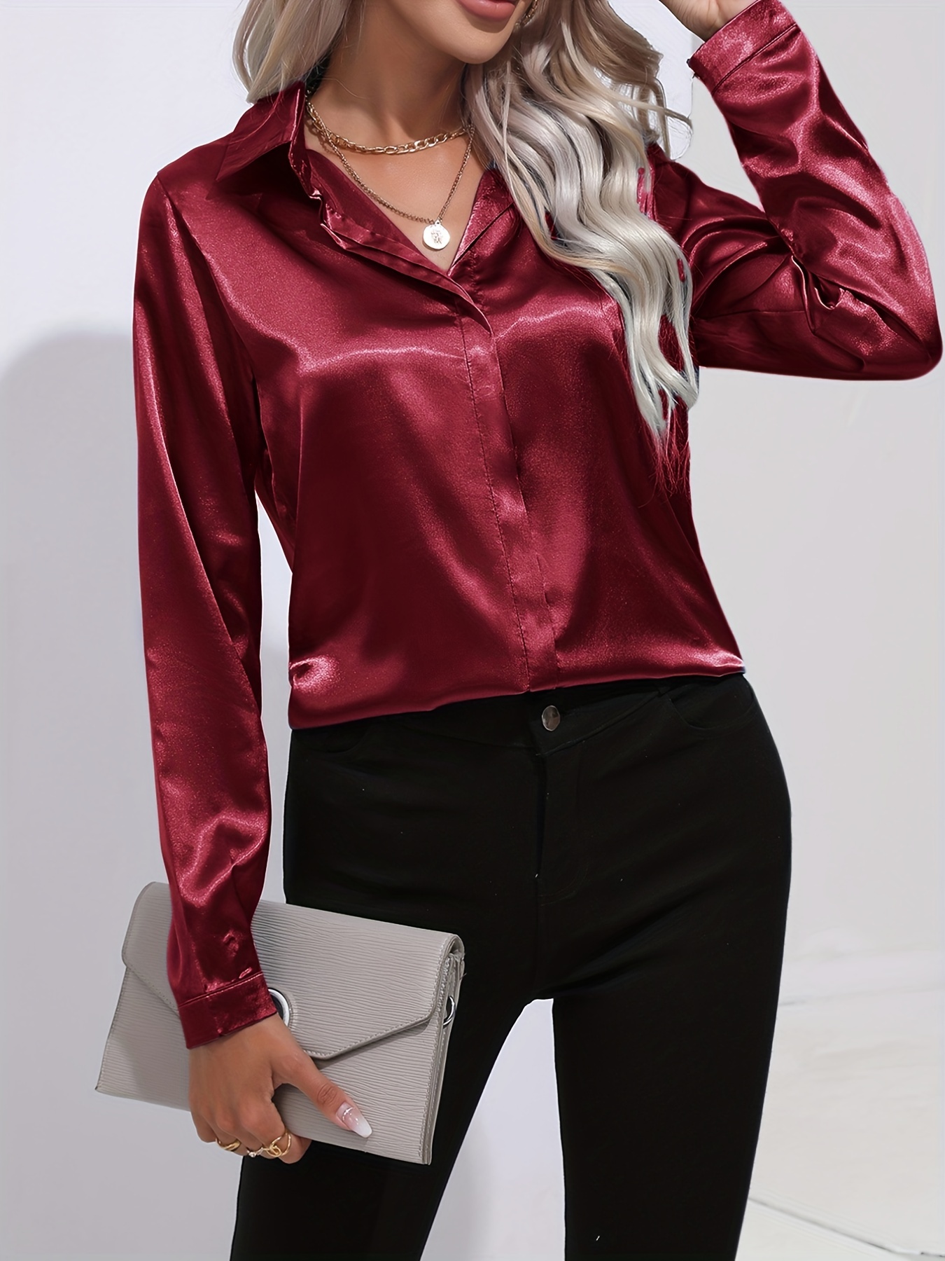 elegant satin blouse, elegant satin blouse collar long sleeve work blouse womens clothing details 10