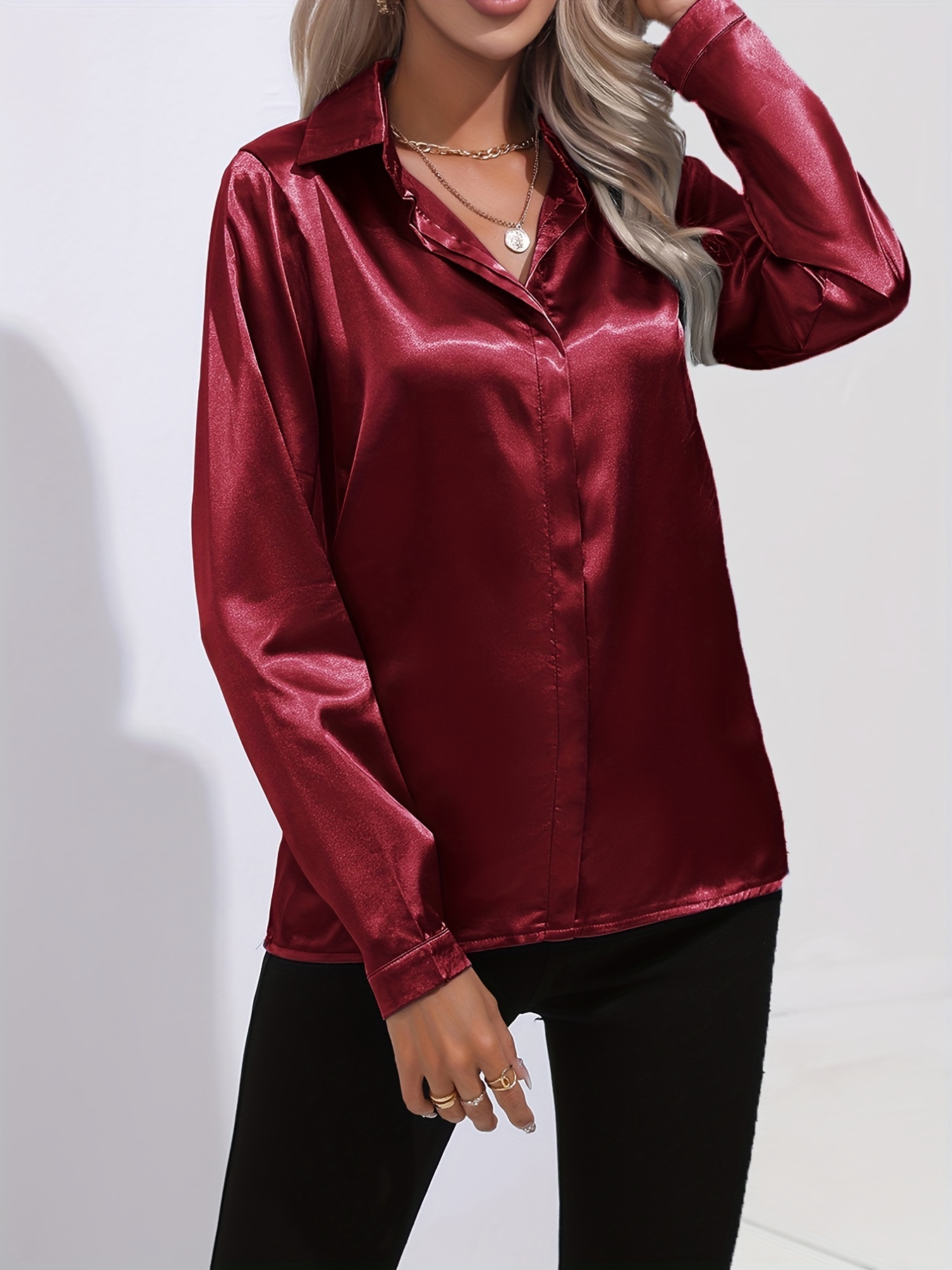 elegant satin blouse, elegant satin blouse collar long sleeve work blouse womens clothing details 12