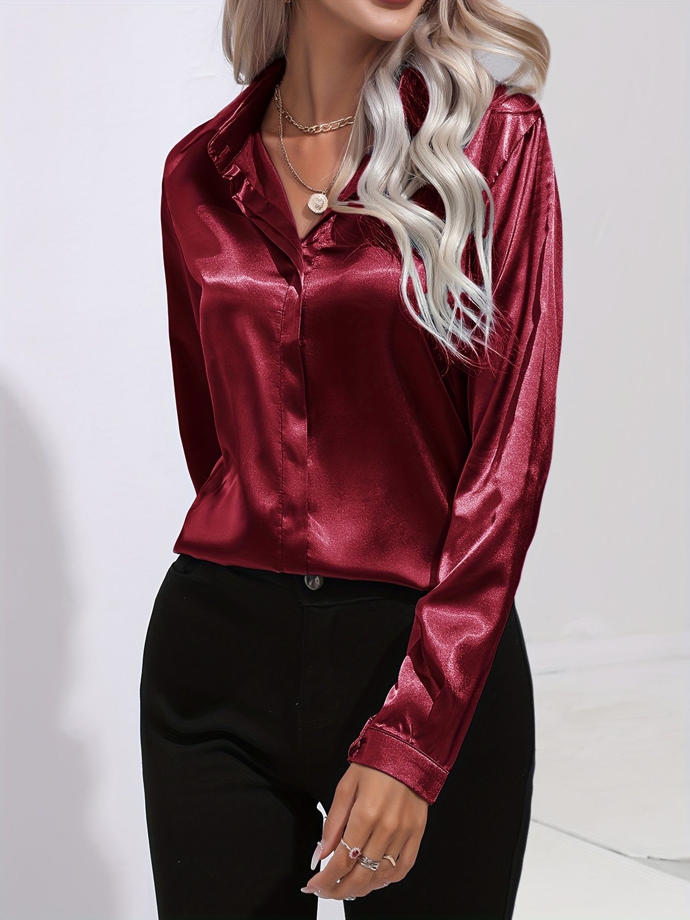 elegant satin blouse, elegant satin blouse collar long sleeve work blouse womens clothing details 13