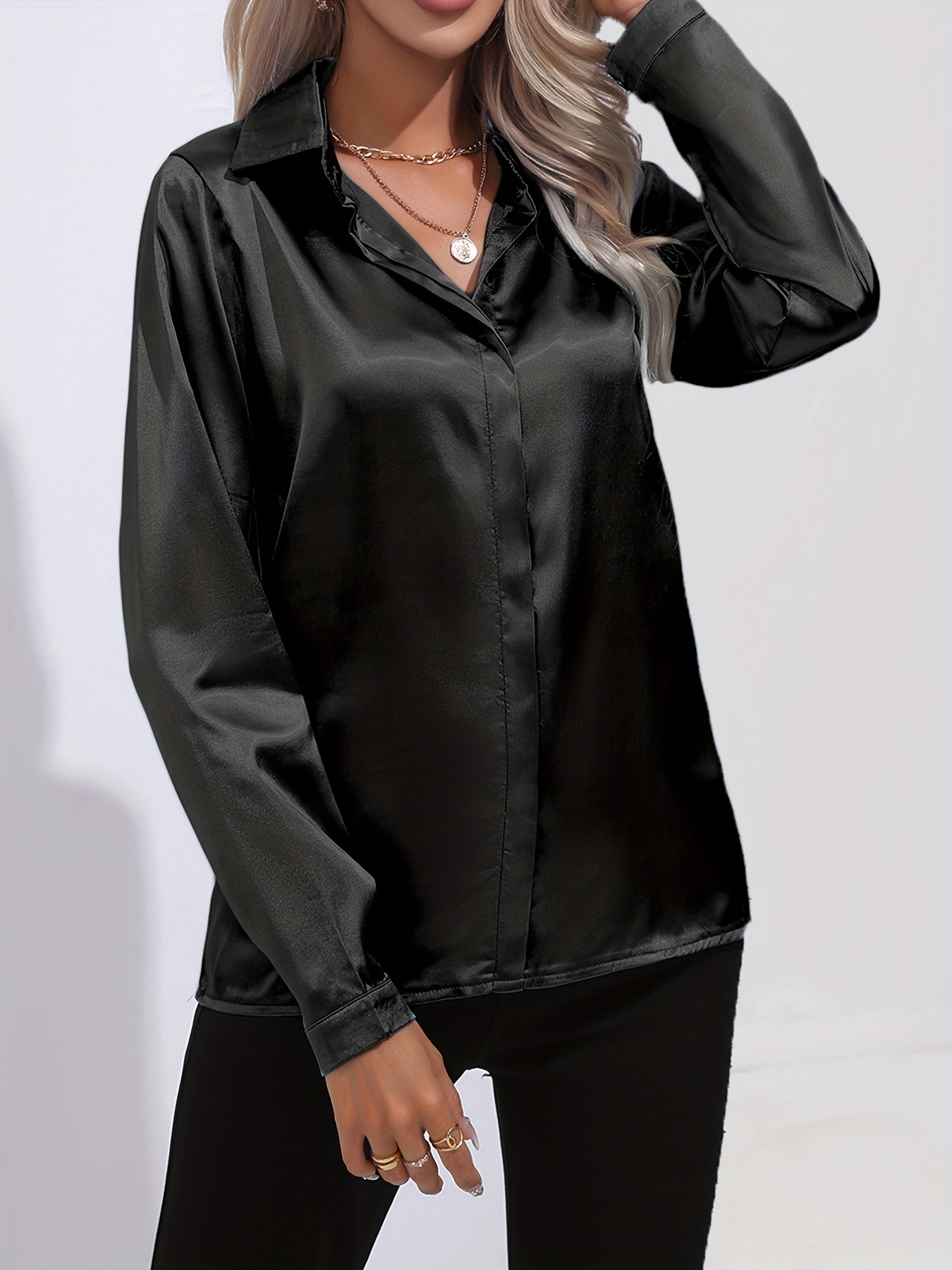 elegant satin blouse, elegant satin blouse collar long sleeve work blouse womens clothing details 15