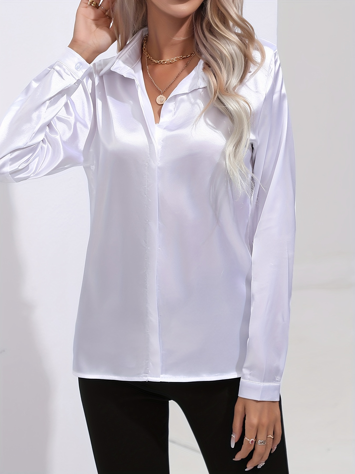 elegant satin blouse, elegant satin blouse collar long sleeve work blouse womens clothing details 34