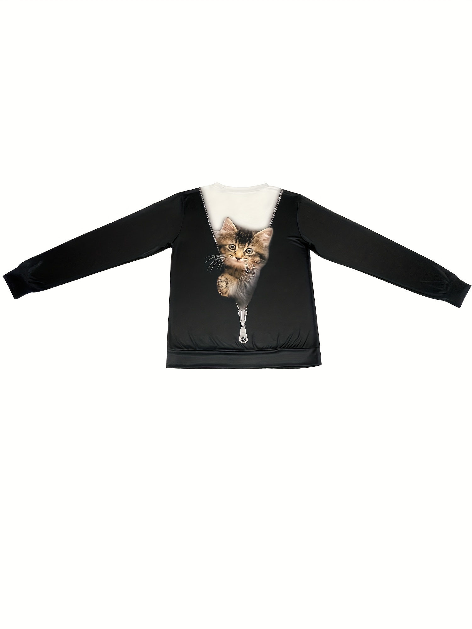 cat zip print pullover sweatshirt casual long sleeve crew neck sweatshirt womens clothing details 0