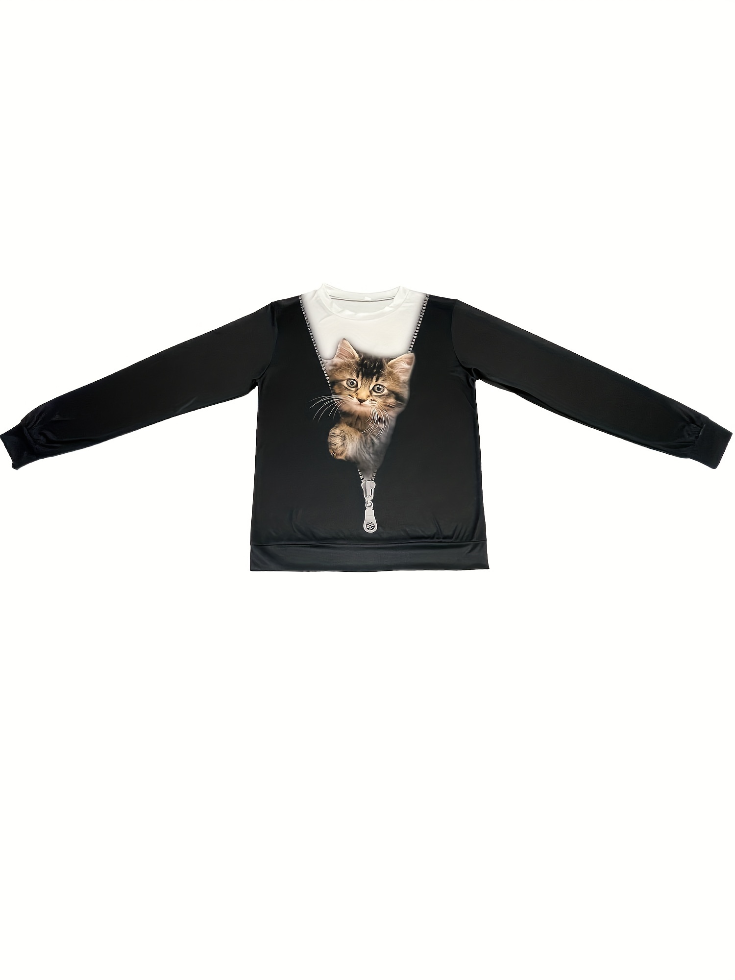 cat zip print pullover sweatshirt casual long sleeve crew neck sweatshirt womens clothing details 2