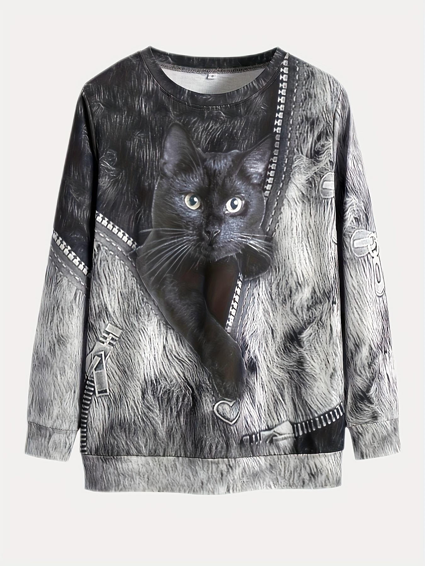 cat print pullover sweatshirt casual long sleeve crew neck sweatshirt womens clothing details 2