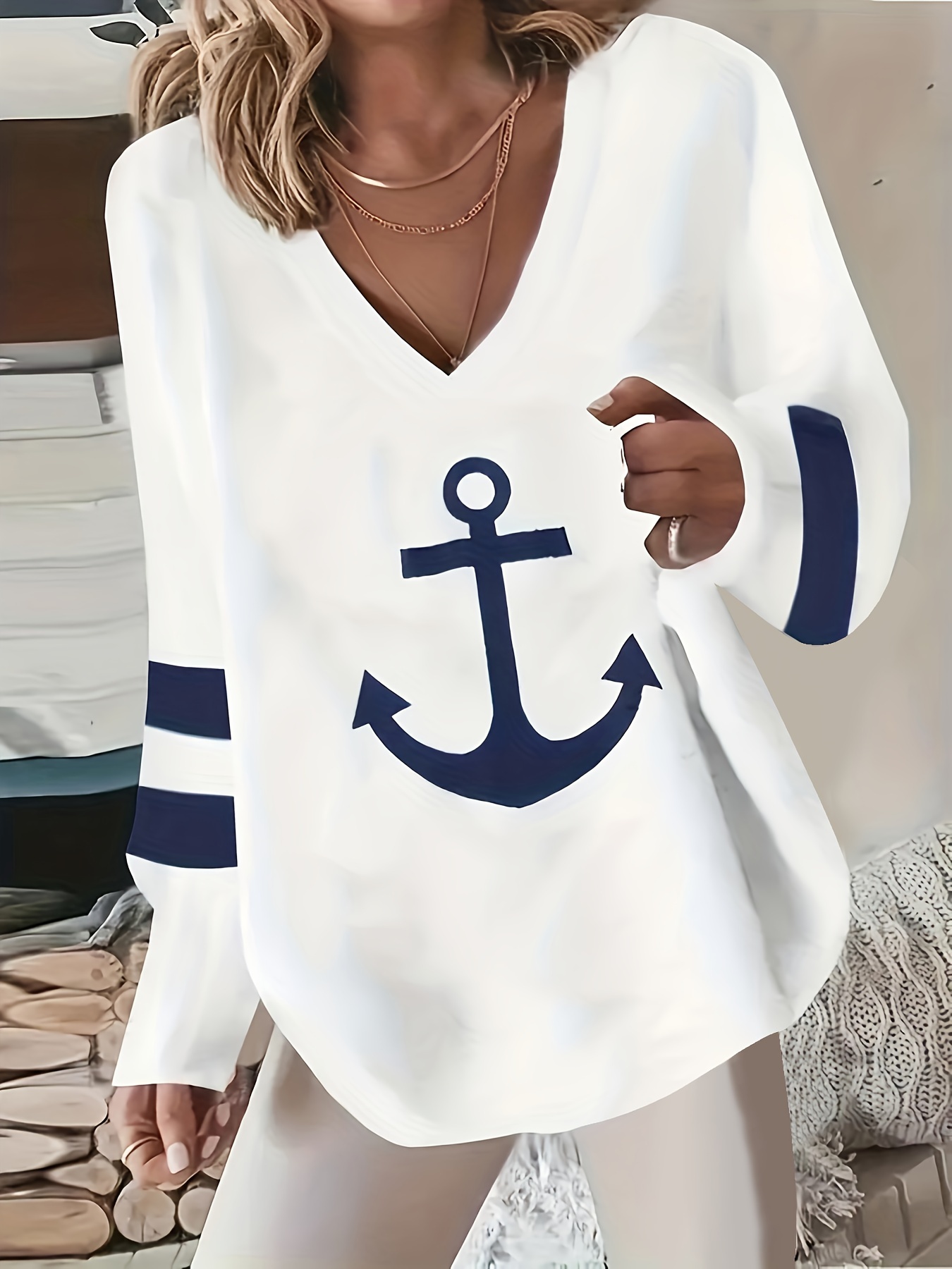 anchor print color block sweatshirt casual v neck long sleeve sweatshirt womens clothing details 4