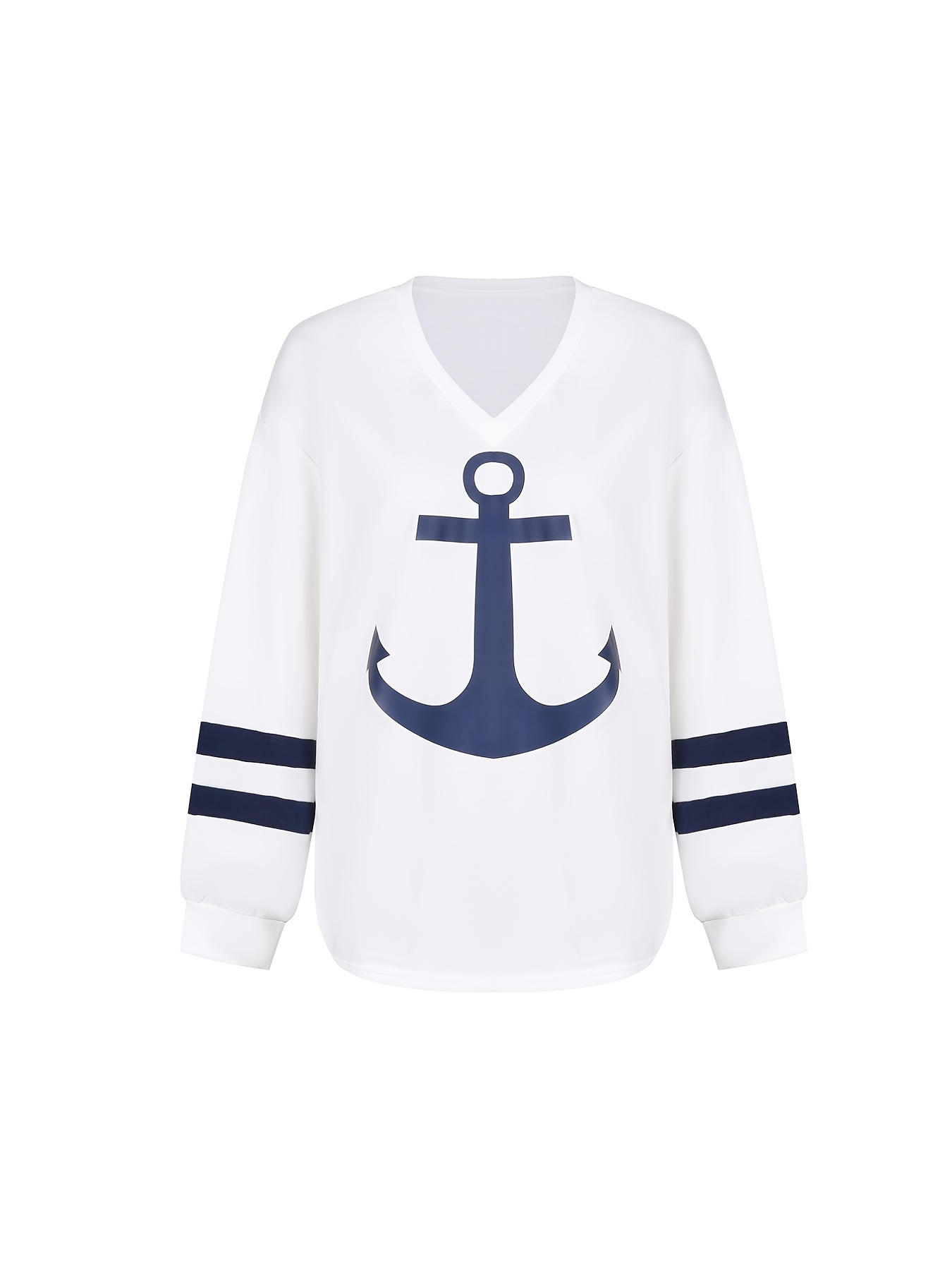 anchor print color block sweatshirt casual v neck long sleeve sweatshirt womens clothing details 5