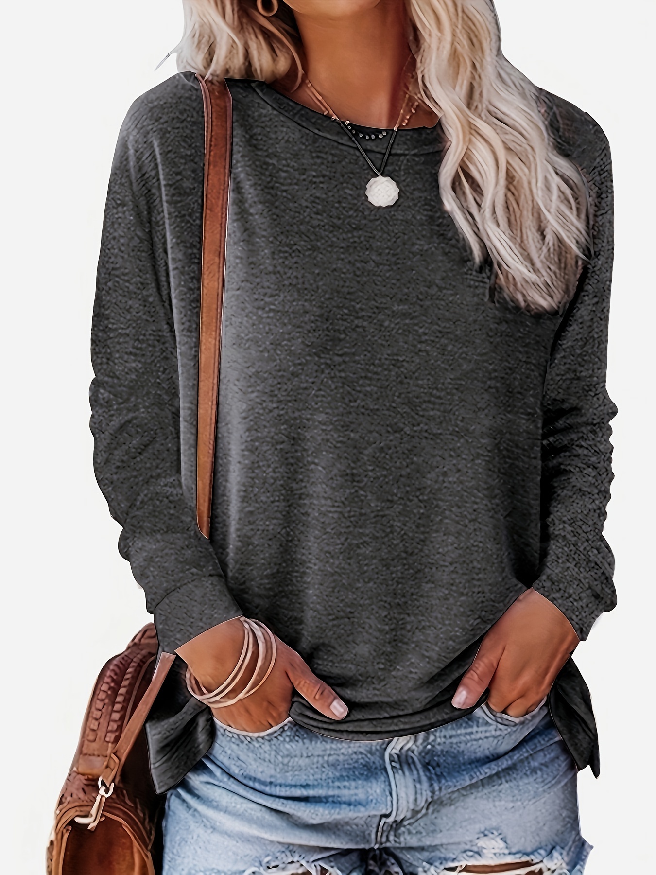 solid simple sweatshirt casual crew neck long sleeve sweatshirt womens clothing details 18