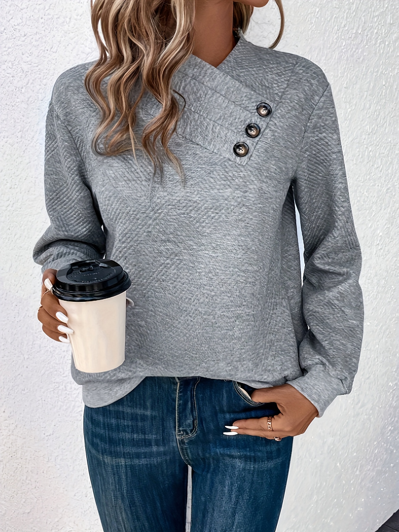 button decor surplice neck sweatshirt casual long sleeve sweatshirt for fall winter womens clothing details 2