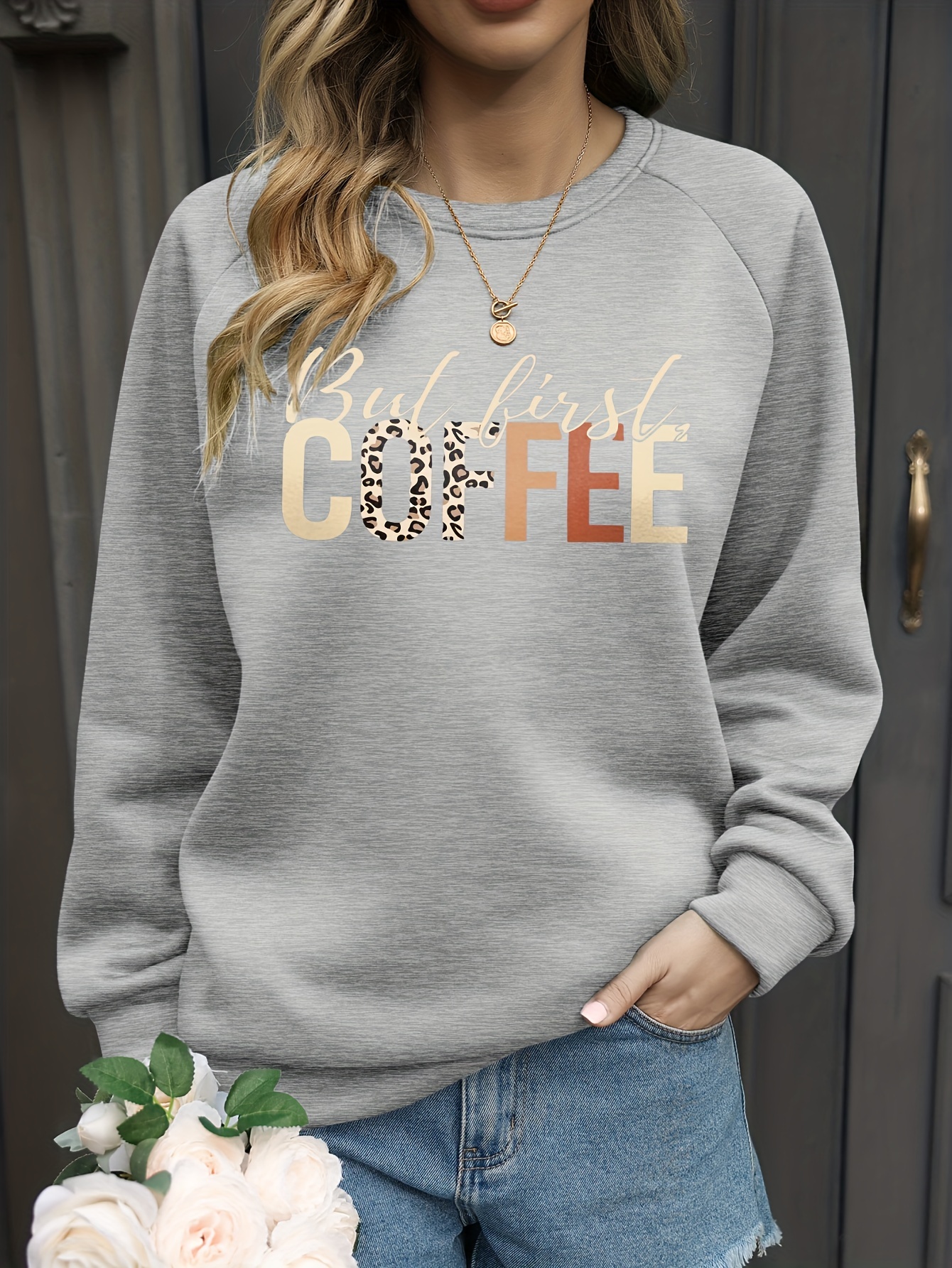 first coffee print pullover sweatshirt, but first coffee print pullover sweatshirt casual long sleeve crew neck sweatshirt for spring fall womens clothing details 0