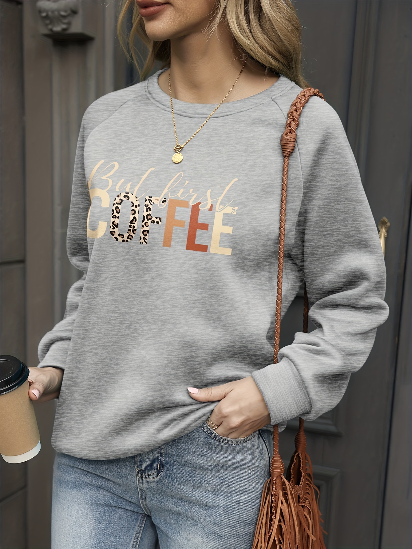 first coffee print pullover sweatshirt, but first coffee print pullover sweatshirt casual long sleeve crew neck sweatshirt for spring fall womens clothing details 2