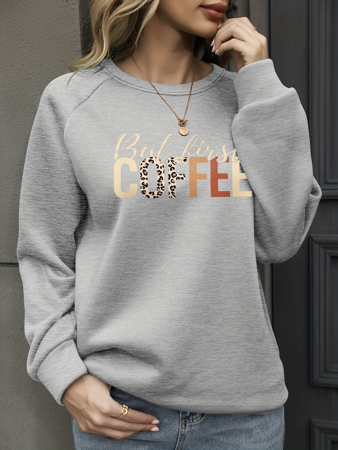 first coffee print pullover sweatshirt, but first coffee print pullover sweatshirt casual long sleeve crew neck sweatshirt for spring fall womens clothing details 3