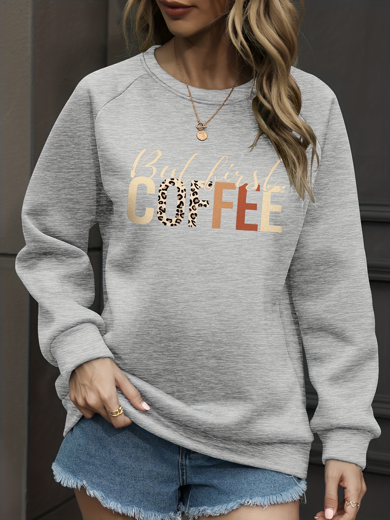 first coffee print pullover sweatshirt, but first coffee print pullover sweatshirt casual long sleeve crew neck sweatshirt for spring fall womens clothing details 4