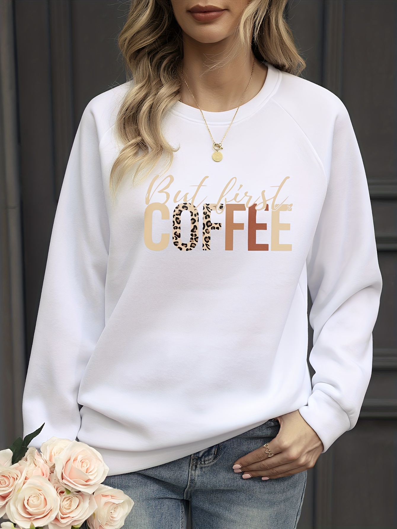 first coffee print pullover sweatshirt, but first coffee print pullover sweatshirt casual long sleeve crew neck sweatshirt for spring fall womens clothing details 5