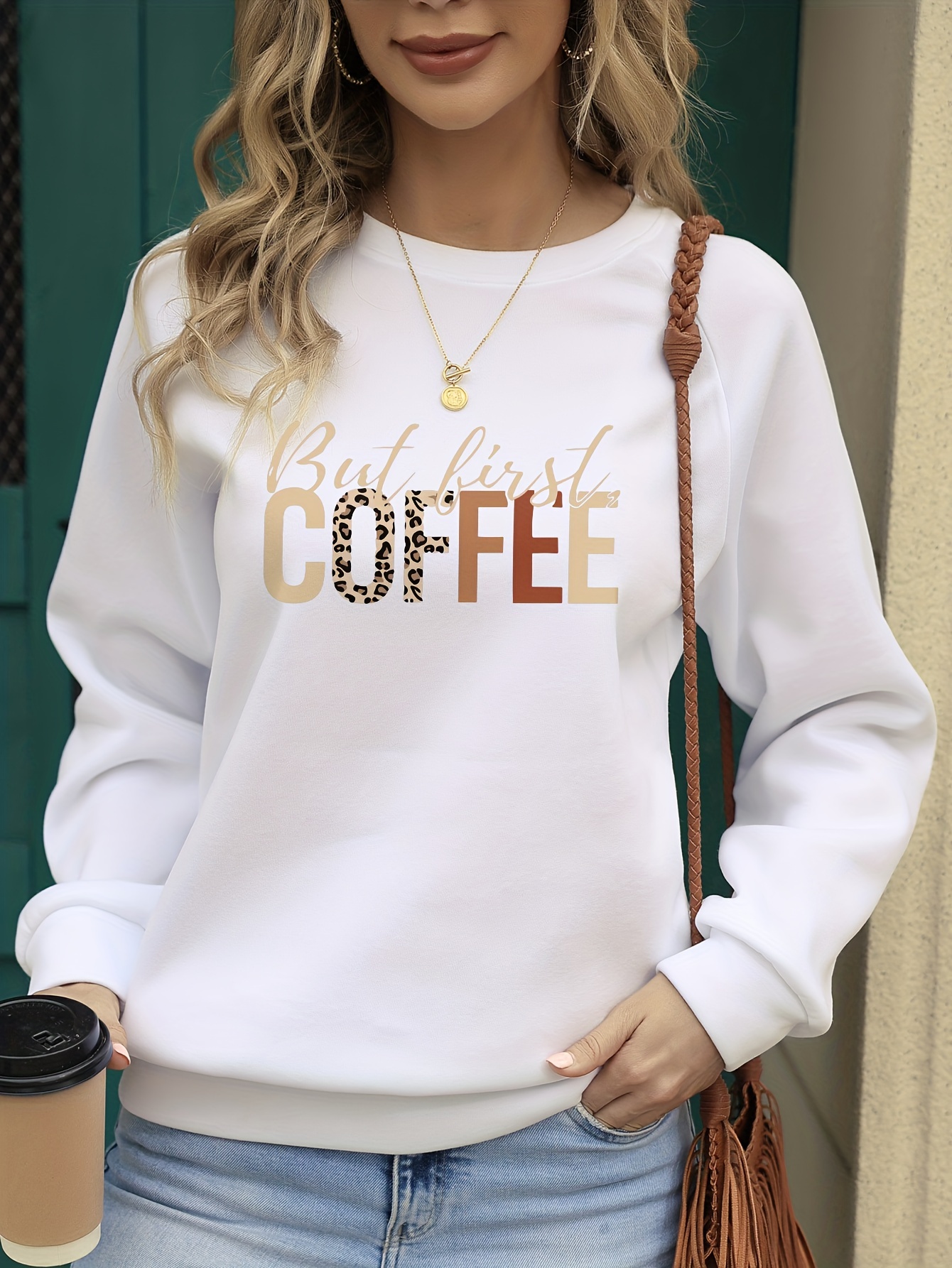 first coffee print pullover sweatshirt, but first coffee print pullover sweatshirt casual long sleeve crew neck sweatshirt for spring fall womens clothing details 7