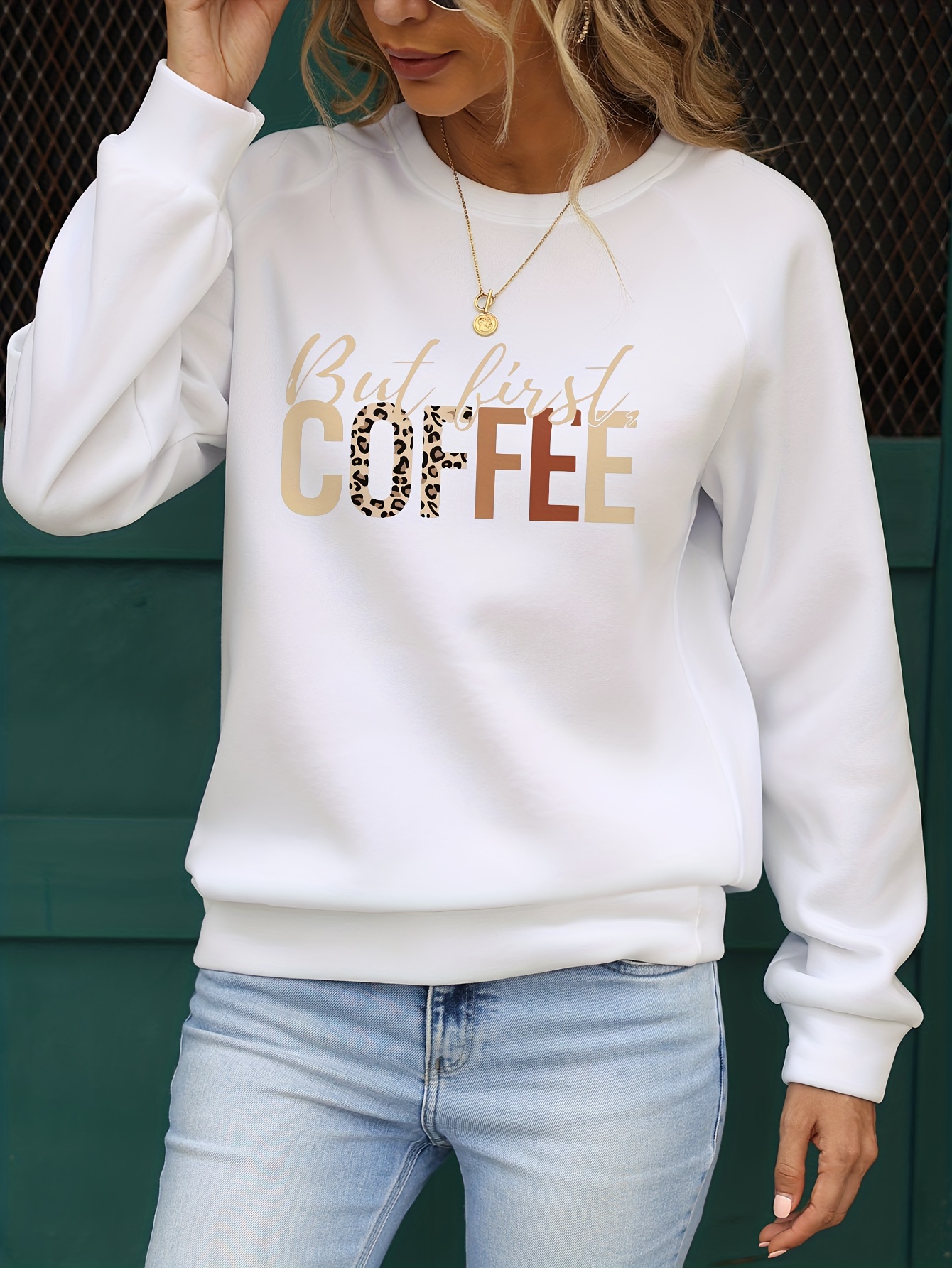 first coffee print pullover sweatshirt, but first coffee print pullover sweatshirt casual long sleeve crew neck sweatshirt for spring fall womens clothing details 8