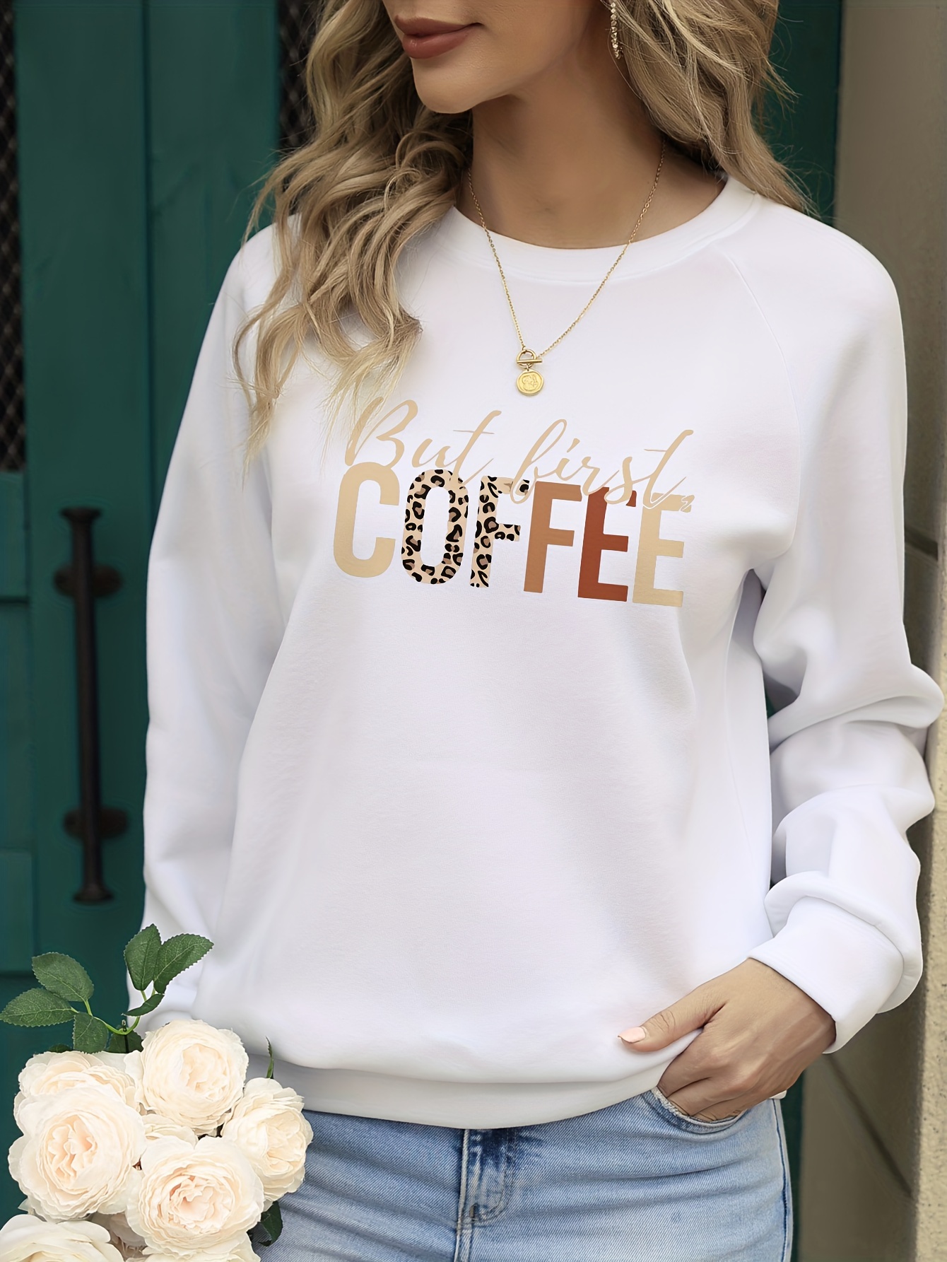 first coffee print pullover sweatshirt, but first coffee print pullover sweatshirt casual long sleeve crew neck sweatshirt for spring fall womens clothing details 9