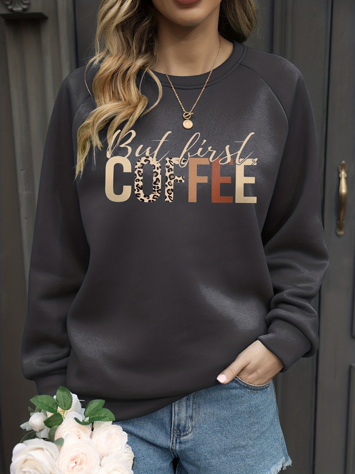 first coffee print pullover sweatshirt, but first coffee print pullover sweatshirt casual long sleeve crew neck sweatshirt for spring fall womens clothing details 11