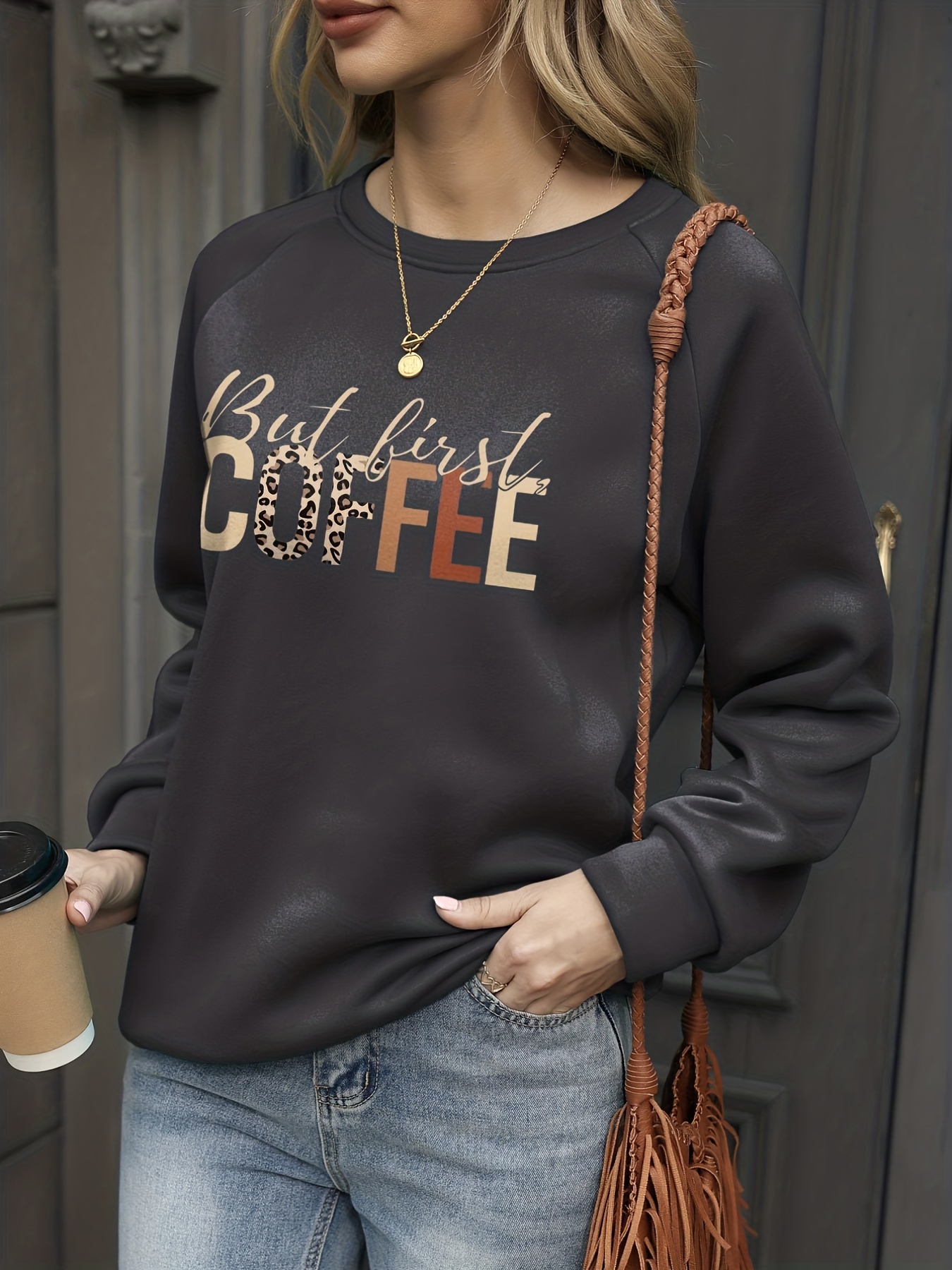 first coffee print pullover sweatshirt, but first coffee print pullover sweatshirt casual long sleeve crew neck sweatshirt for spring fall womens clothing details 12