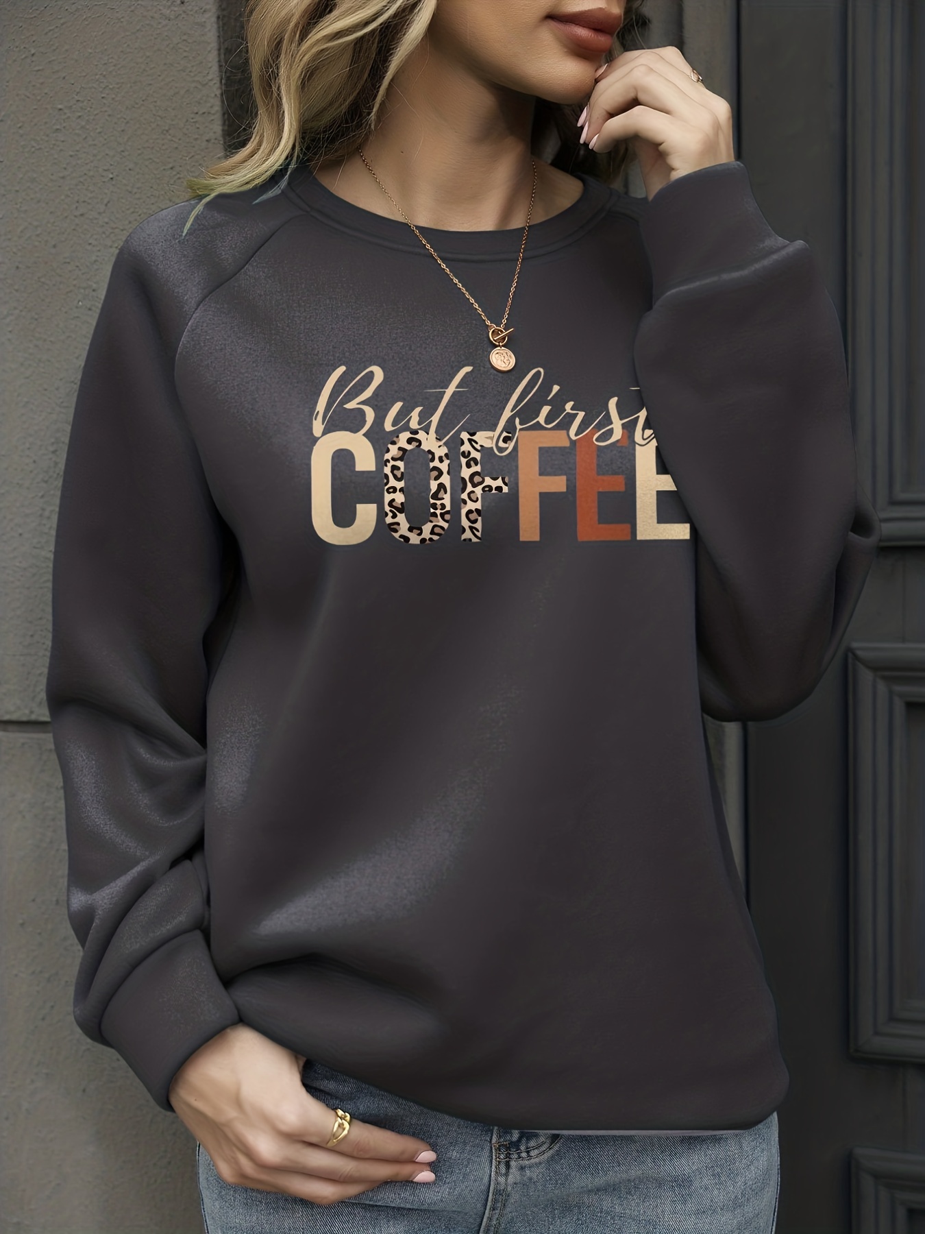 first coffee print pullover sweatshirt, but first coffee print pullover sweatshirt casual long sleeve crew neck sweatshirt for spring fall womens clothing details 13