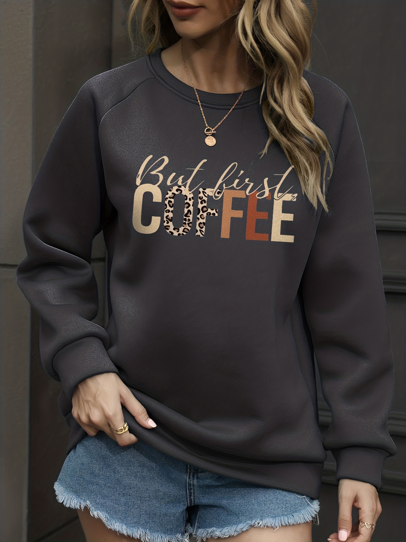 first coffee print pullover sweatshirt, but first coffee print pullover sweatshirt casual long sleeve crew neck sweatshirt for spring fall womens clothing details 14