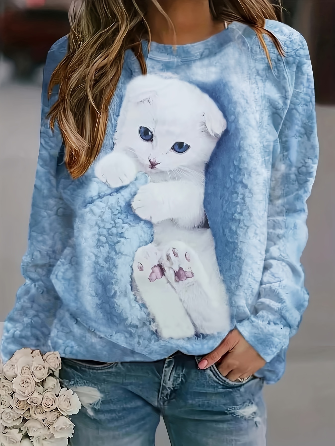 cute cat print pullover sweatshirt casual long sleeve crew neck sweatshirt for fall winter womens clothing details 0