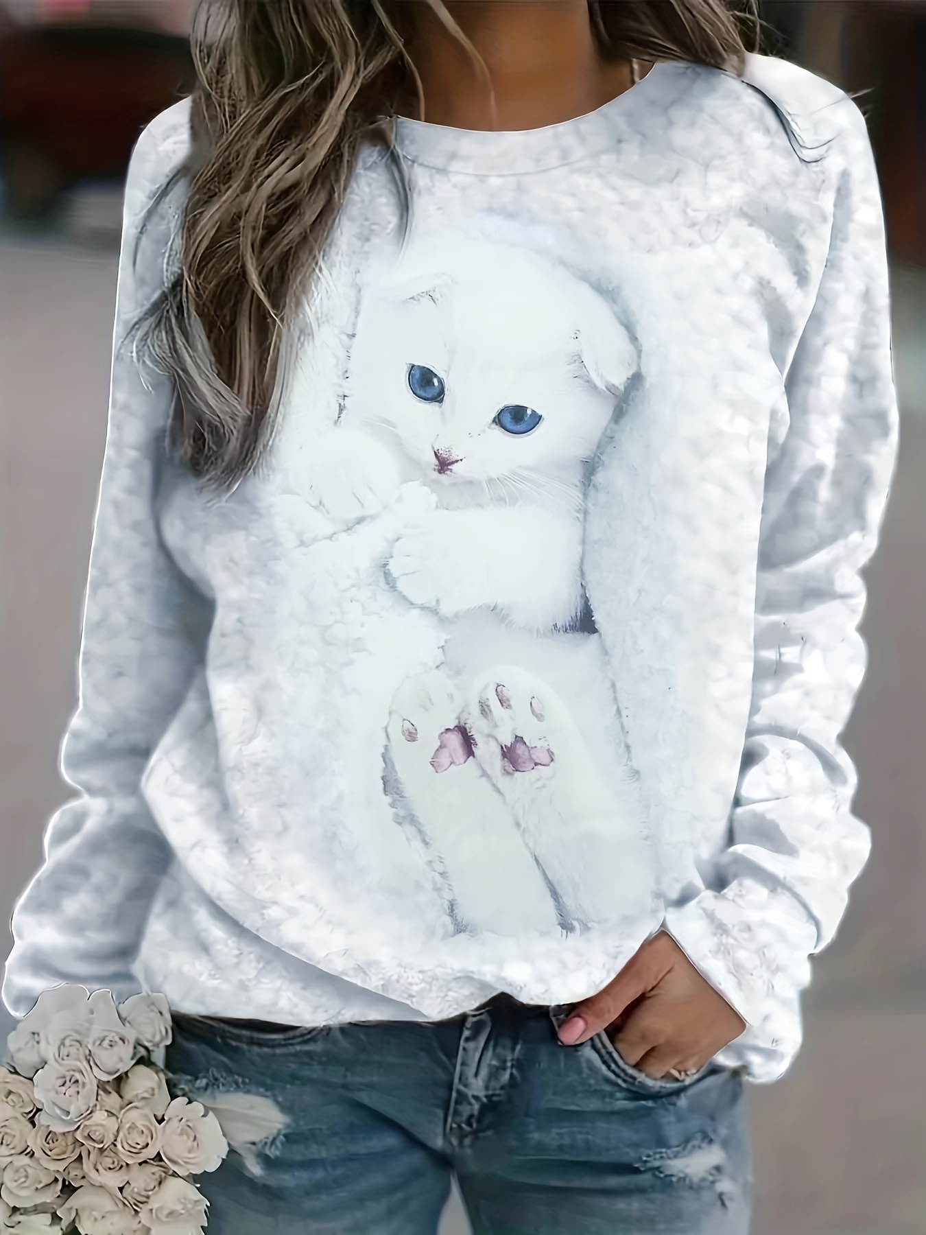 cute cat print pullover sweatshirt casual long sleeve crew neck sweatshirt for fall winter womens clothing details 10