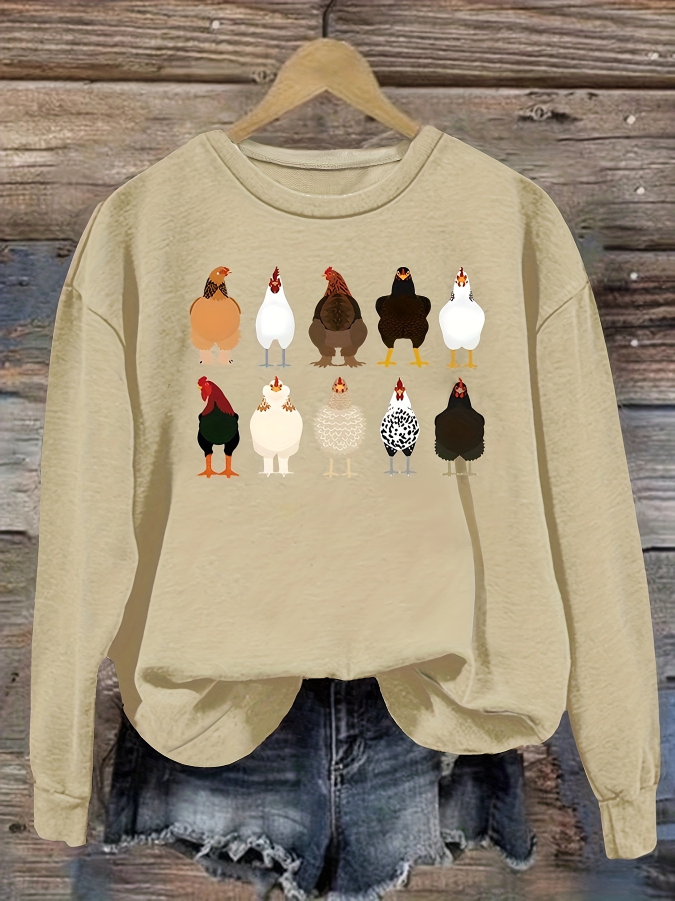 chicken print pullover sweatshirt casual long sleeve crew neck sweatshirt for fall winter womens clothing details 3