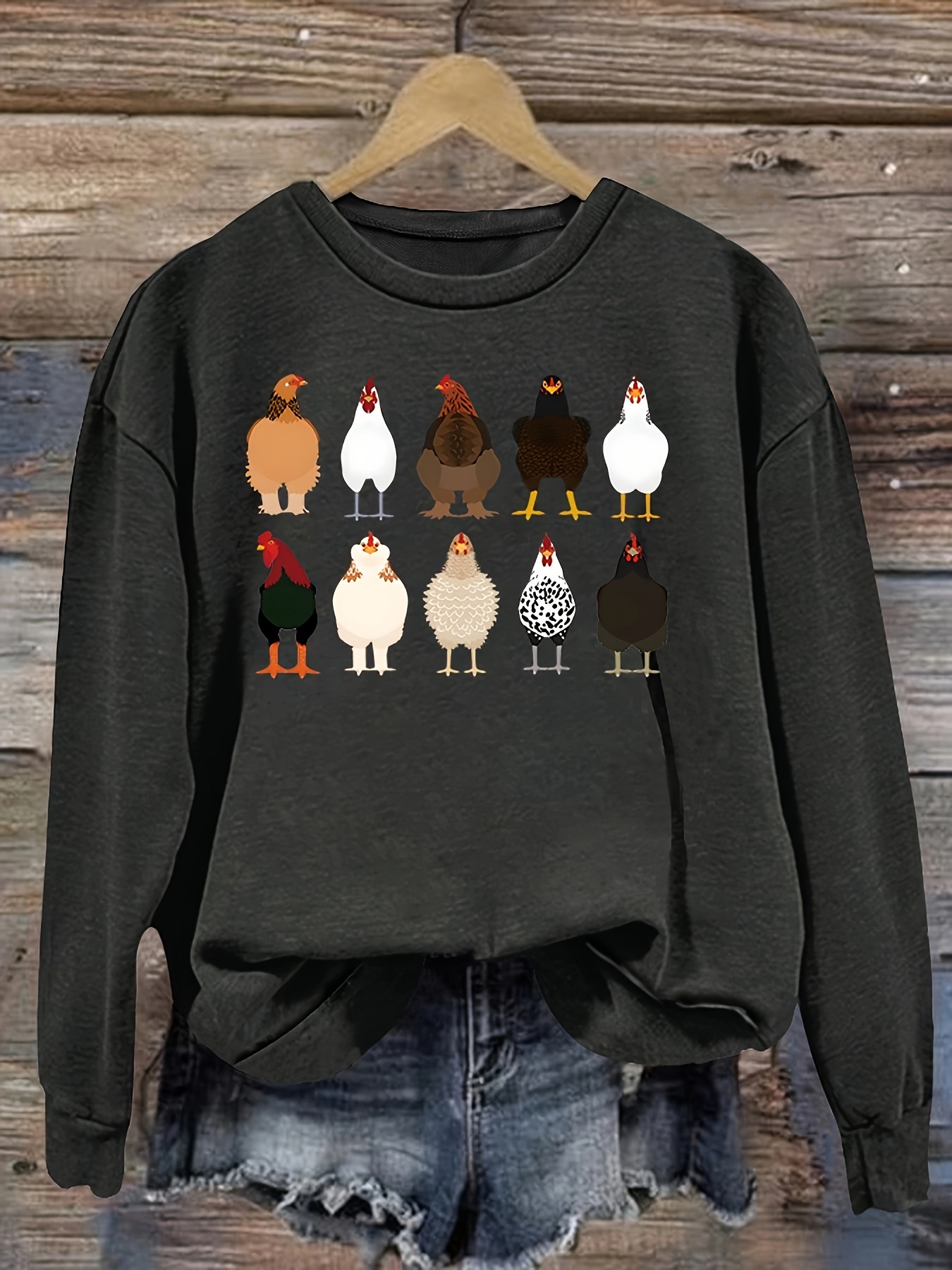 chicken print pullover sweatshirt casual long sleeve crew neck sweatshirt for fall winter womens clothing details 6