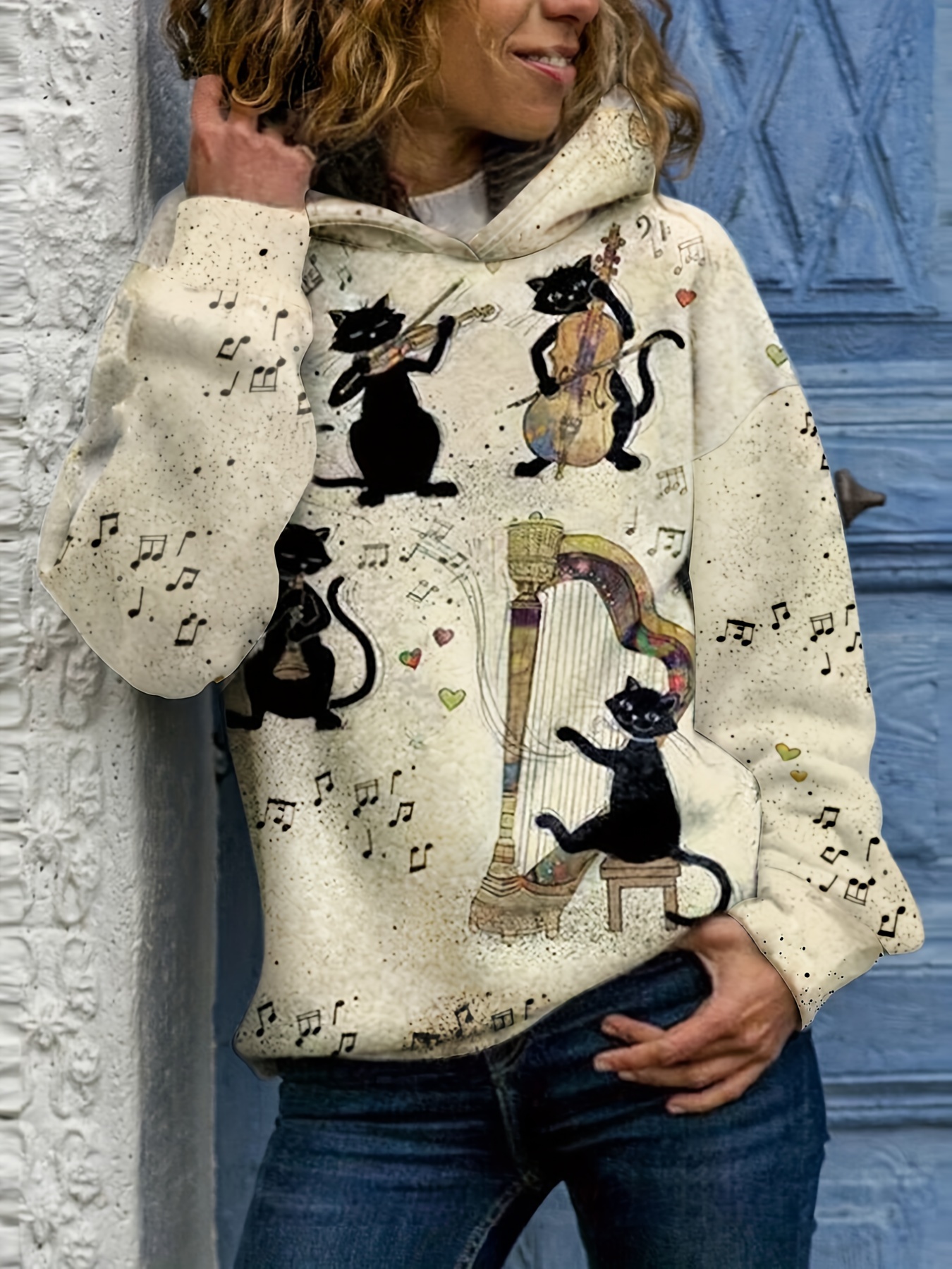 cat musician print hoodie, cat musician print hoodie casual long sleeve hoodie sweatshirt womens clothing details 1