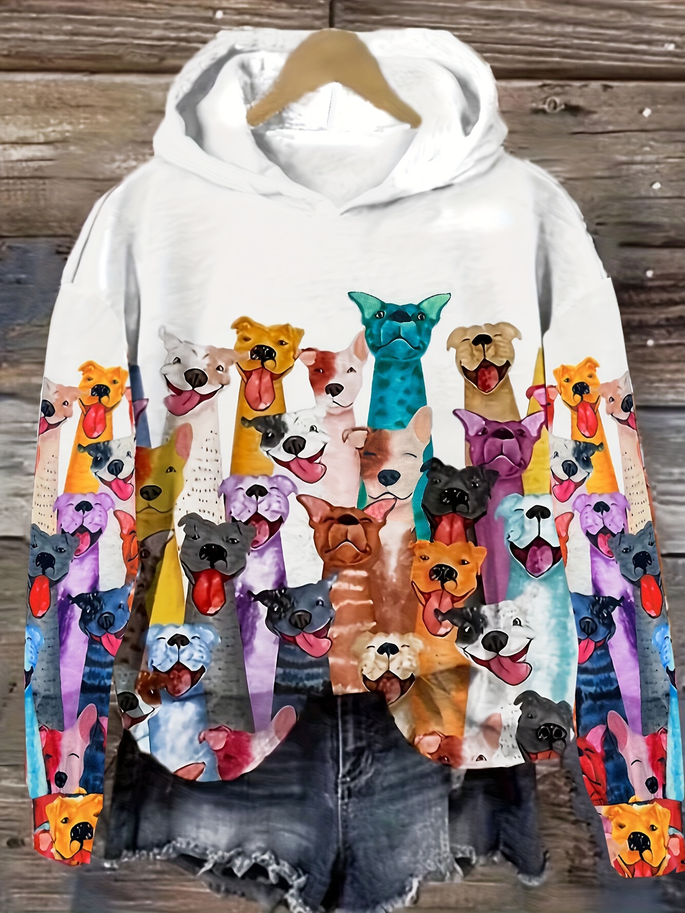 dogs print hoodie casual long sleeve drop shoulder hoodie womens clothing details 1