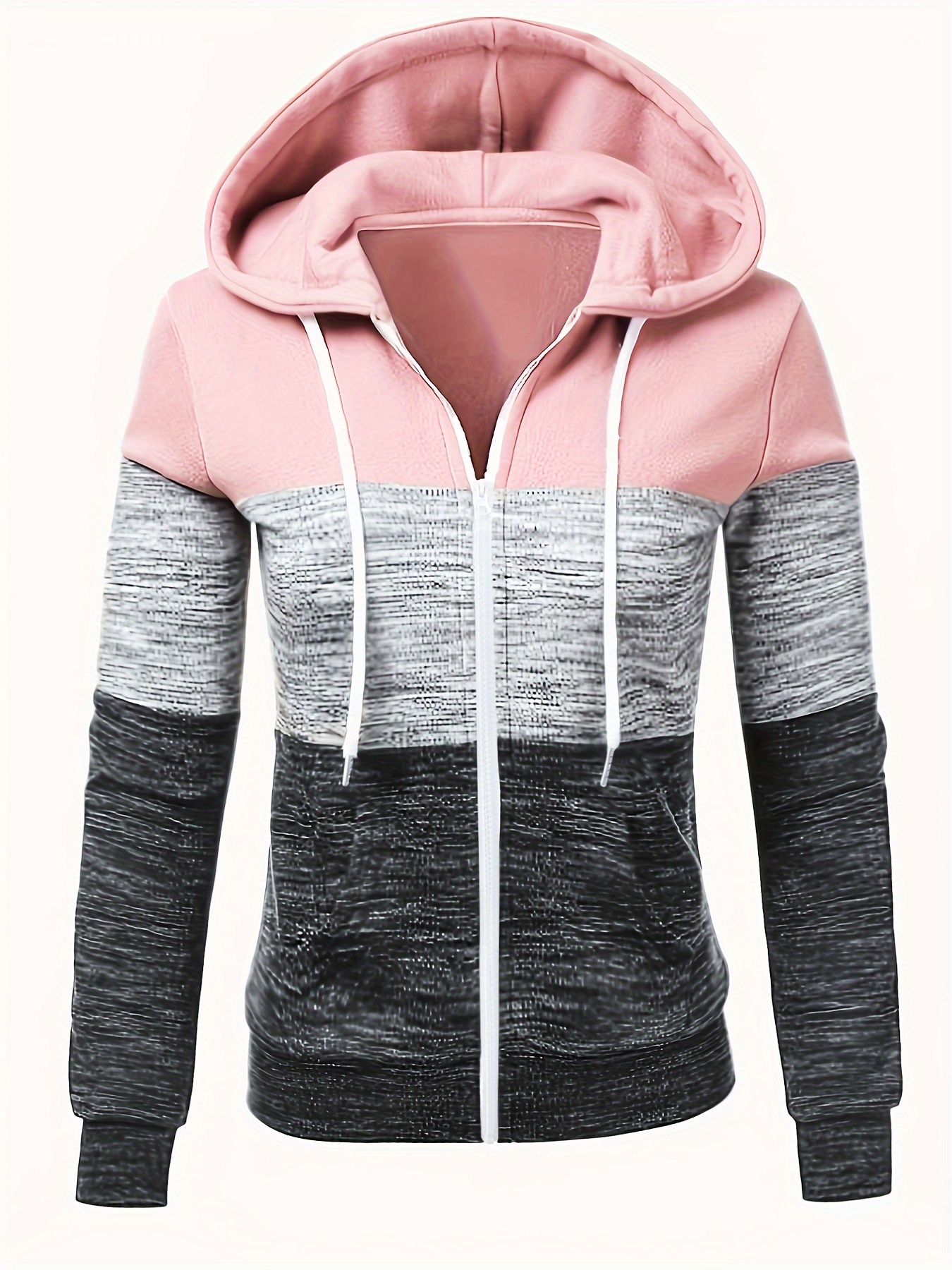 color block zipper hoodies casual long sleeve drawstring sweatshirt for fall womens clothing details 1