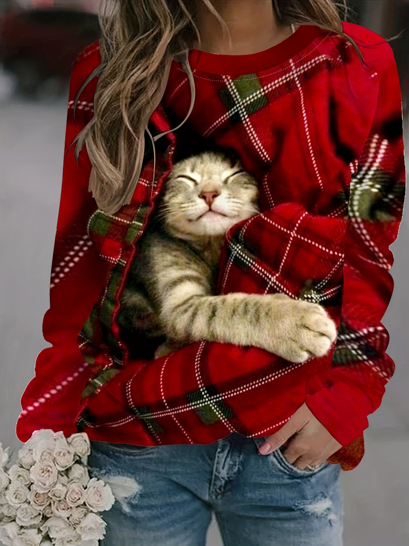 christmas plaid cat sweatshirt casual long sleeve crew neck sweatshirt womens clothing details 1