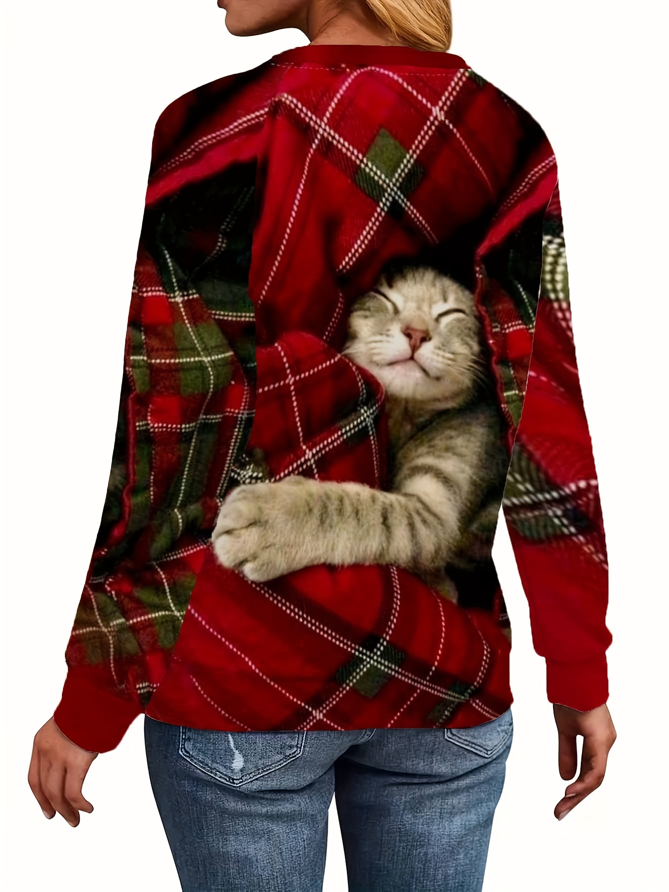 christmas plaid cat sweatshirt casual long sleeve crew neck sweatshirt womens clothing details 3