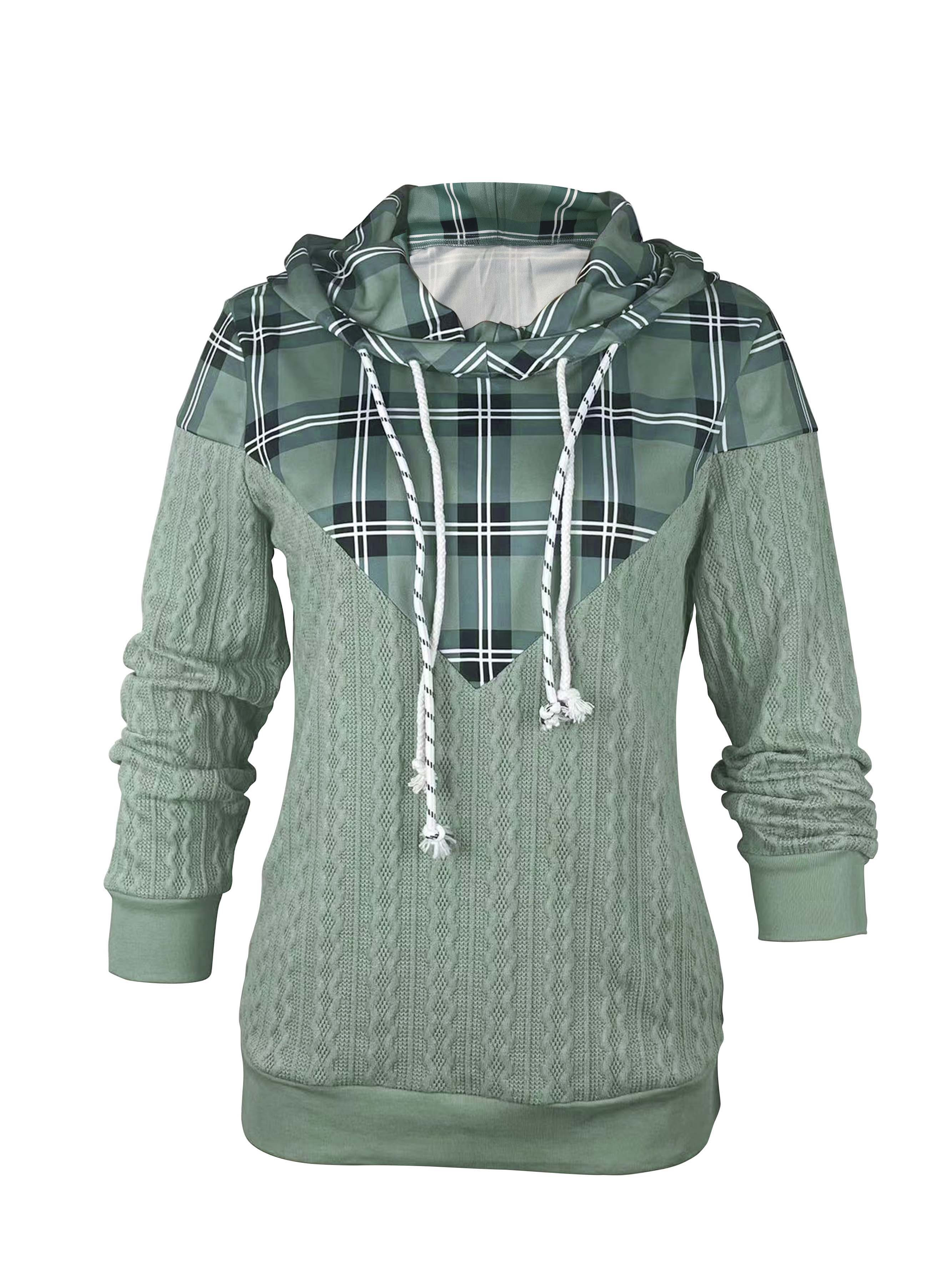 plaid print paneled drawstring hoodie casual long sleeve hooded sweatshirt womens clothing details 0